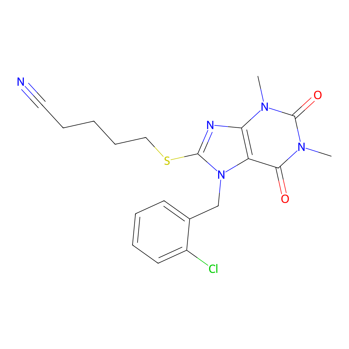 5-[7-[(2-Chlorophenyl)methyl]-1,3-dimethyl-2,6-dioxopurin-8-yl]sulfanylpentanenitrile molecular structure, CAS 662155-20-6