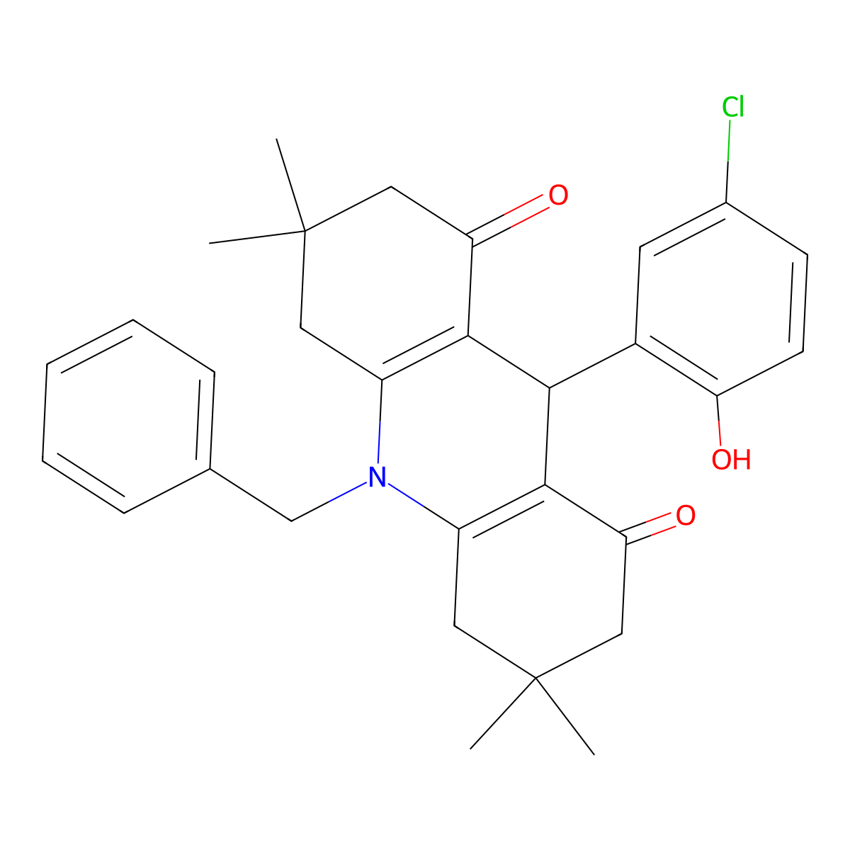 10-benzyl-9-(5-chloro-2-hydroxyphenyl)-3,3,6,6-tetramethyl-3,4,6,7,9,10-hexahydro-1,8(2H,5H)-acridinedione molecular structure, CAS 662156-09-4