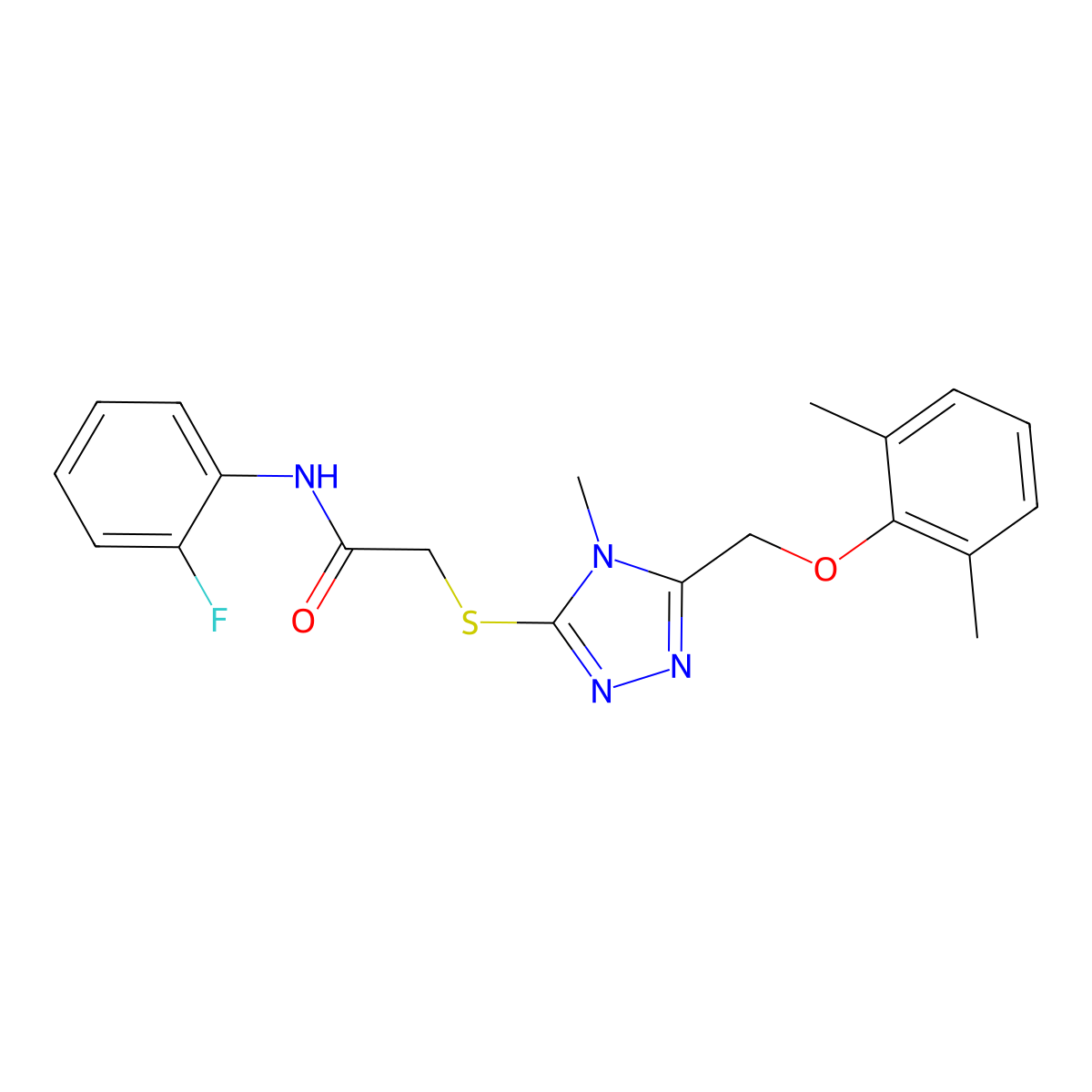 2-({5-[(2,6-dimethylphenoxy)methyl]-4-methyl-4H-1,2,4-triazol-3-yl}sulfanyl)-N-(2-fluorophenyl)acetamide molecular structure, CAS 662158-85-2