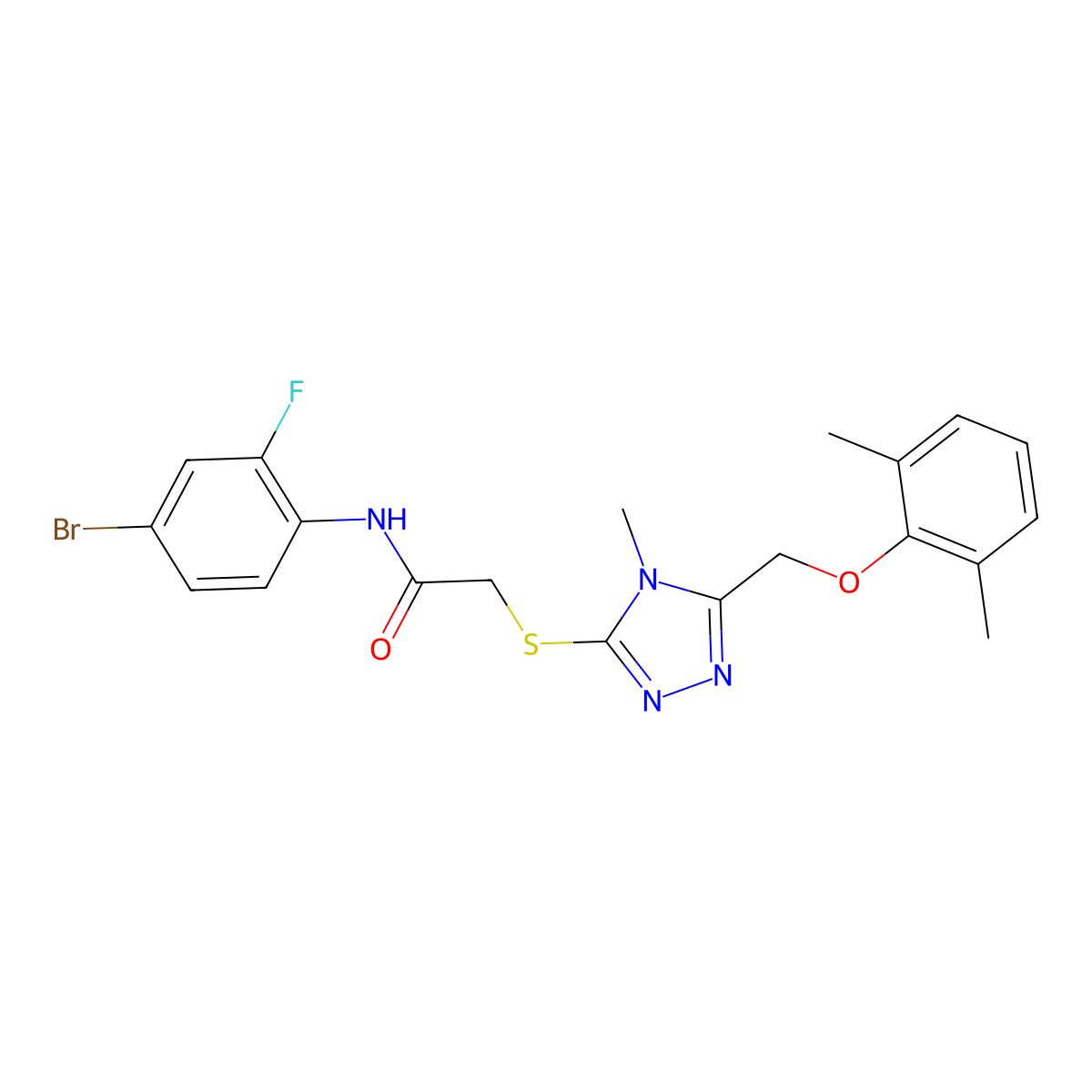 N-(4-bromo-2-fluorophenyl)-2-({5-[(2,6-dimethylphenoxy)methyl]-4-methyl-4H-1,2,4-triazol-3-yl}sulfanyl)acetamide molecular structure, CAS 662159-00-4