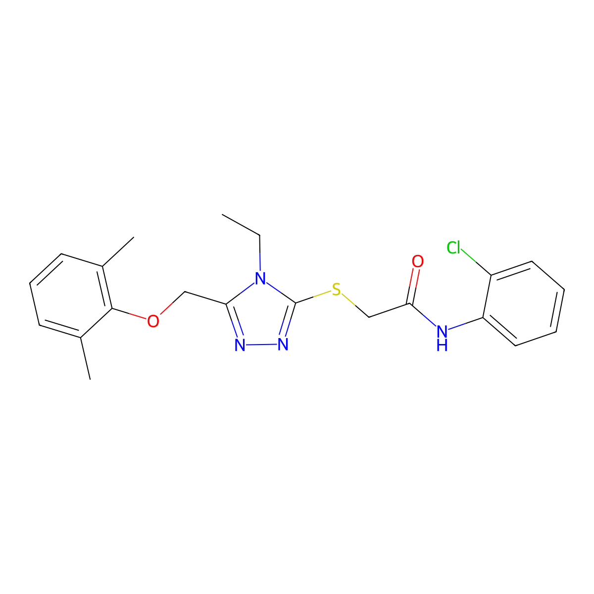 N-(2-chlorophenyl)-2-({5-[(2,6-dimethylphenoxy)methyl]-4-ethyl-4H-1,2,4-triazol-3-yl}sulfanyl)acetamide molecular structure, CAS 662159-03-7