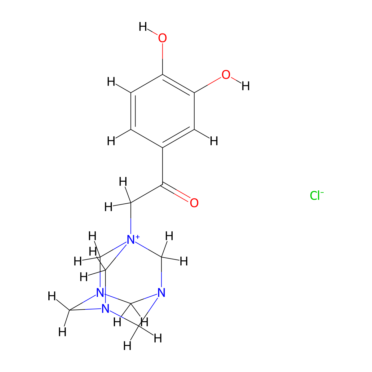 1-[2-(3,4-Dihydroxyphenyl)-2-oxoethyl]-1,3,5,7-tetraazatricyclo[3.3.1.1~3,7~]decan-1-ium chloride molecular structure, CAS 6623-56-9