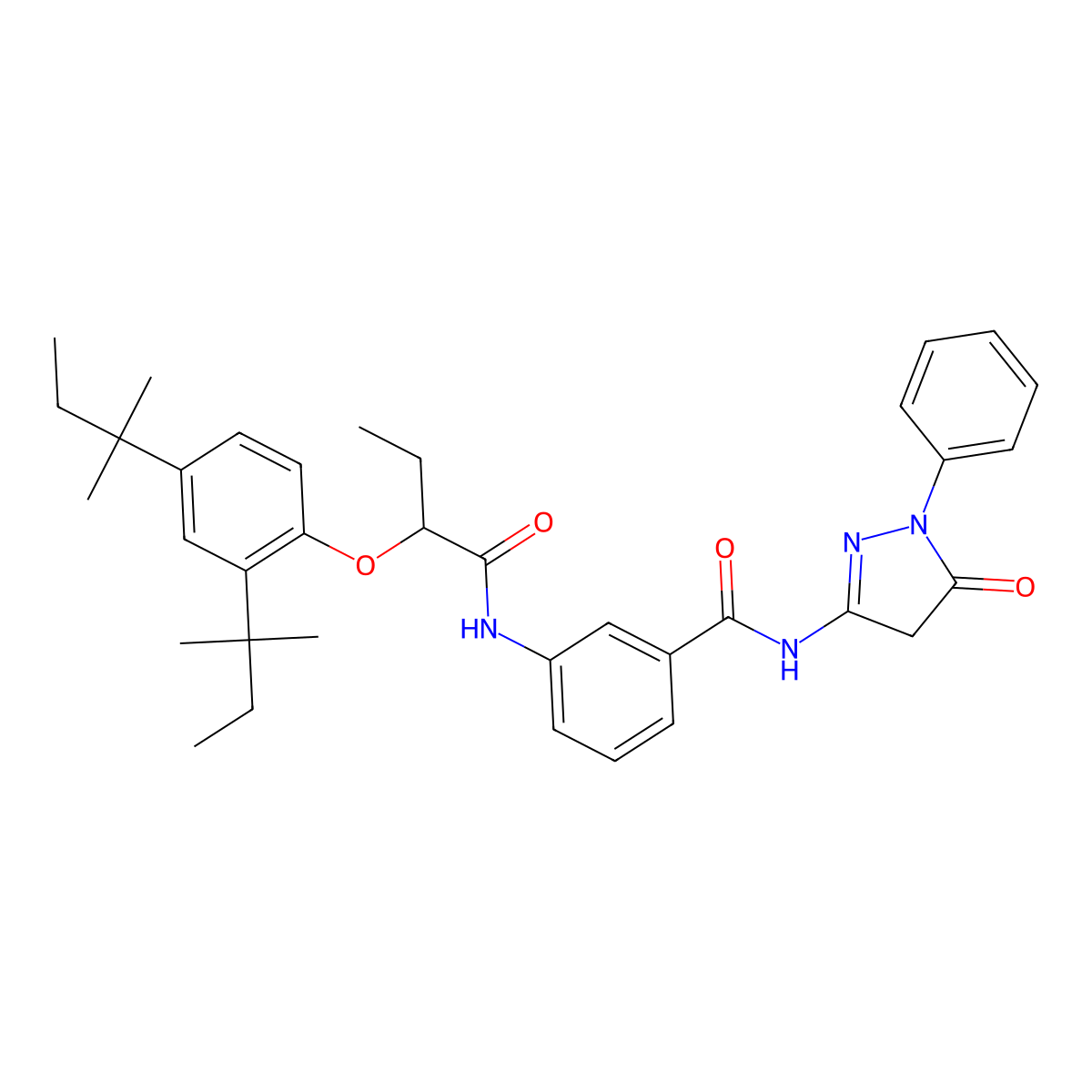 Benzamide, 3-((2-(2,4-bis(1,1-dimethylpropyl)phenoxy)-1-oxobutyl)amino)-N-(4,5-dihydro-5-oxo-1-phenyl-1H-pyrazol-3-yl)- molecular structure, CAS 66266-91-9