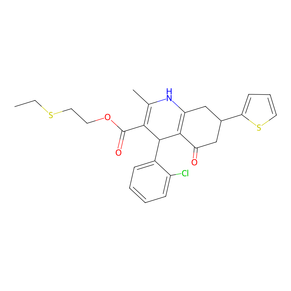 2-ethylsulfanylethyl 4-(2-chlorophenyl)-2-methyl-5-oxo-7-thiophen-2-yl-4,6,7,8-tetrahydro-1H-quinoline-3-carboxylate molecular structure, CAS 6627-50-5