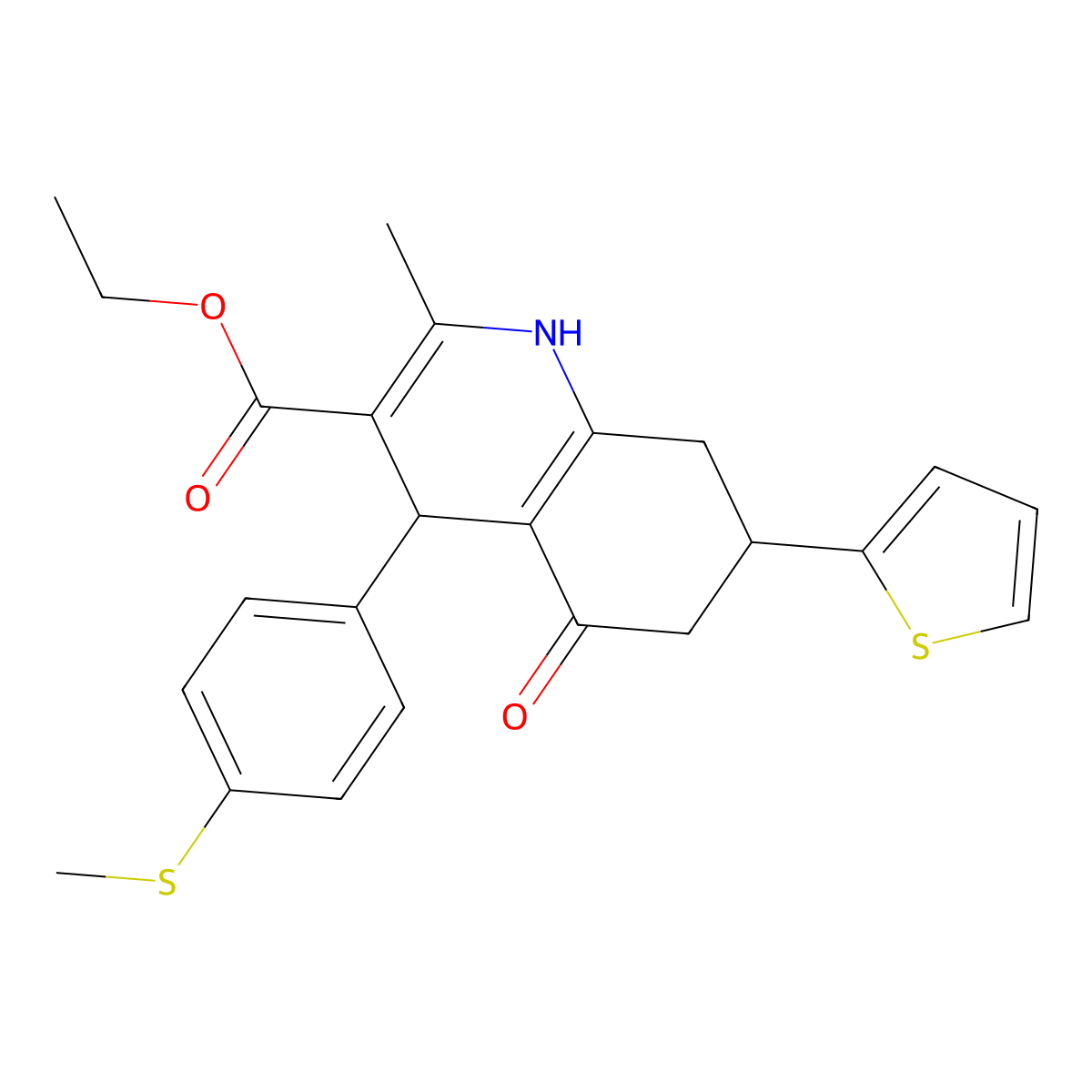 Ethyl 2-methyl-4-[4-(methylsulfanyl)phenyl]-5-oxo-7-(thiophen-2-yl)-1,4,5,6,7,8-hexahydroquinoline-3-carboxylate molecular structure, CAS 6627-67-4