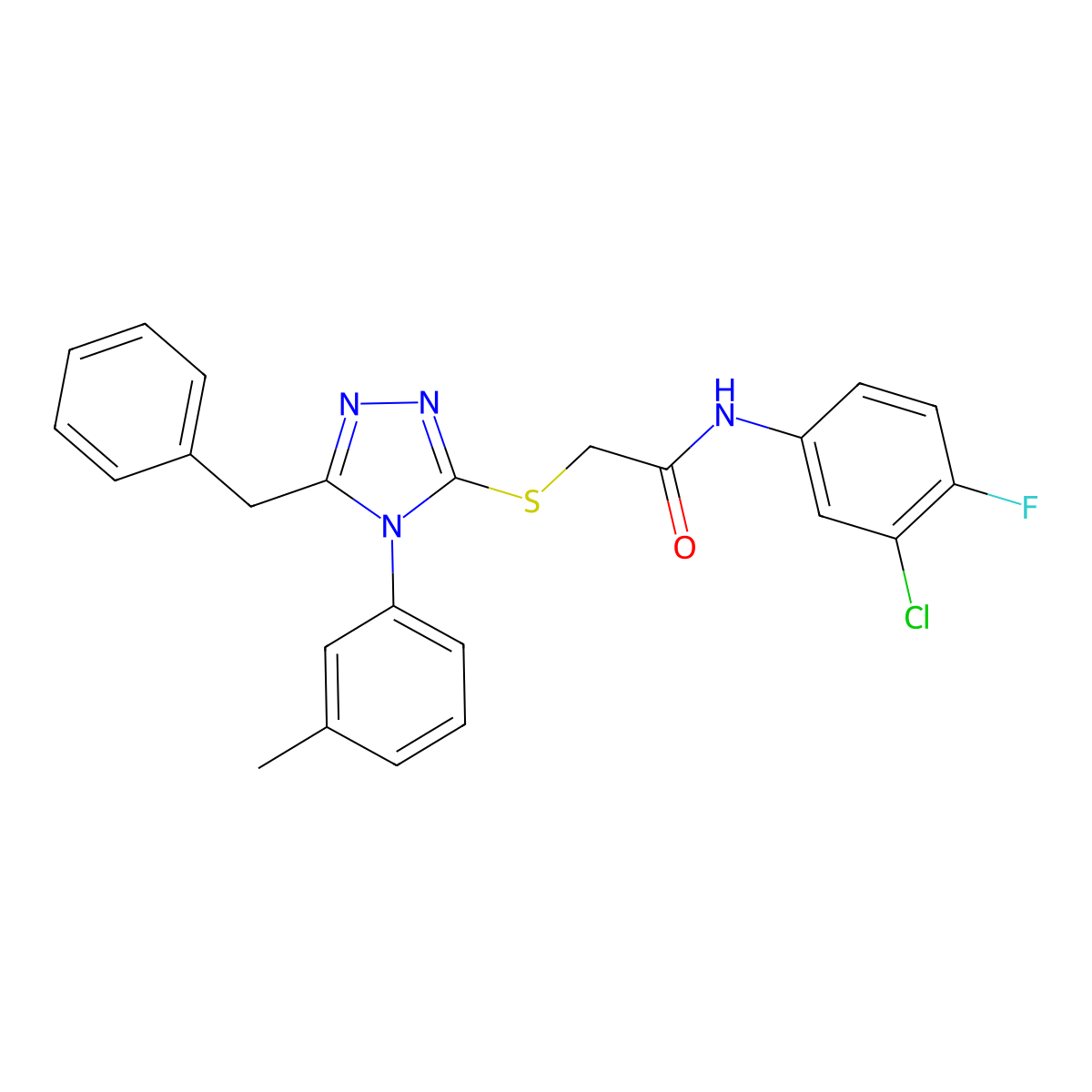 2-[[5-benzyl-4-(3-methylphenyl)-1,2,4-triazol-3-yl]sulfanyl]-N-(3-chloro-4-fluorophenyl)acetamide molecular structure, CAS 663158-39-2