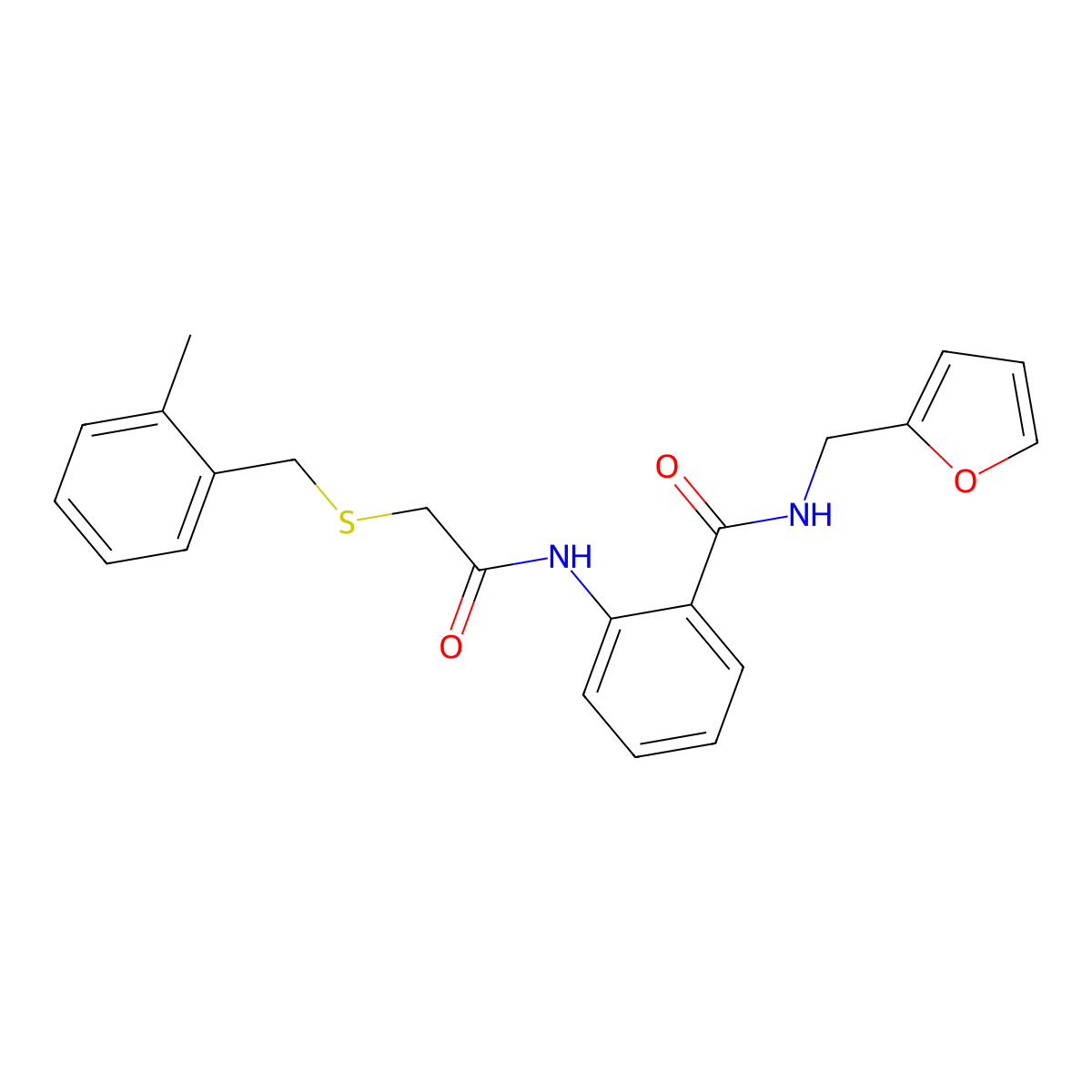 N-(furan-2-ylmethyl)-2-[[2-[(2-methylphenyl)methylsulfanyl]acetyl]amino]benzamide molecular structure, CAS 663161-33-9