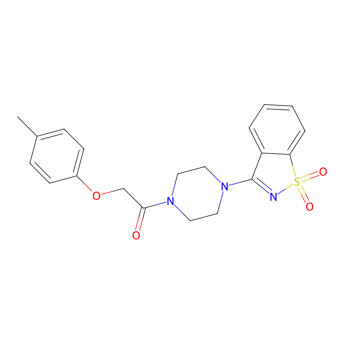 3-{4-[(4-Methylphenoxy)acetyl]-1-piperazinyl}-1,2-benzisothiazole 1,1-dioxide molecular structure, CAS 663167-56-4