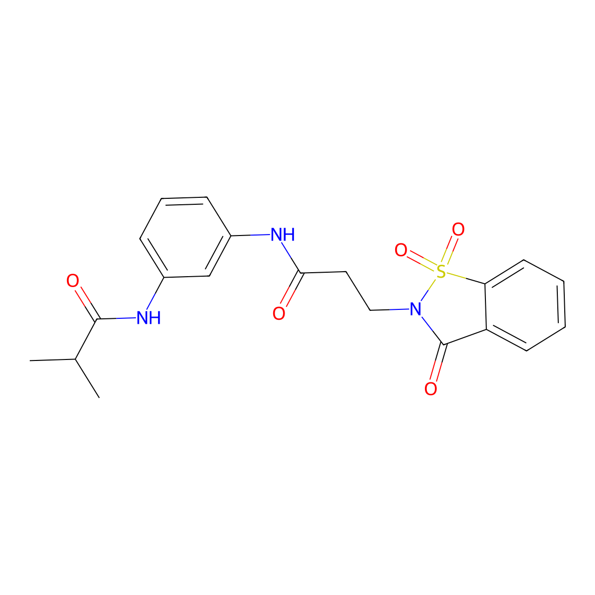 N-(3-{[3-(1,1-dioxido-3-oxo-1,2-benzisothiazol-2(3H)-yl)propanoyl]amino}phenyl)-2-methylpropanamide molecular structure, CAS 663167-80-4