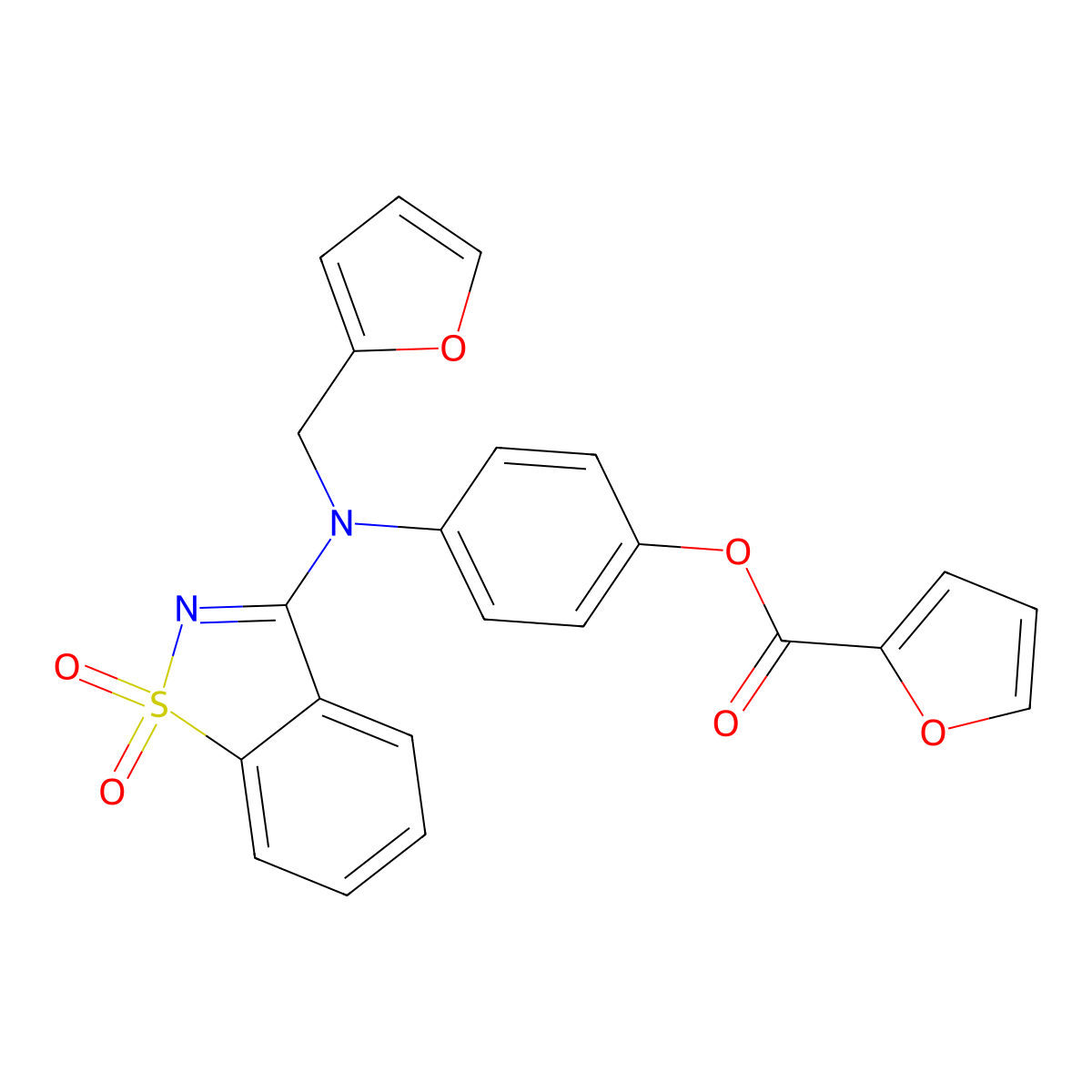 4-[(1,1-Dioxido-1,2-benzothiazol-3-yl)(furan-2-ylmethyl)amino]phenyl furan-2-carboxylate molecular structure, CAS 663168-04-5