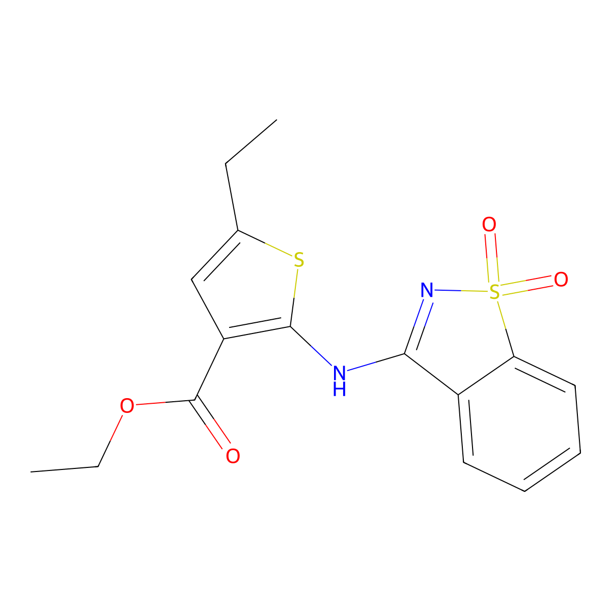 Ethyl 2-[(1,1-dioxido-1,2-benzothiazol-3-yl)amino]-5-ethylthiophene-3-carboxylate molecular structure, CAS 663168-16-9