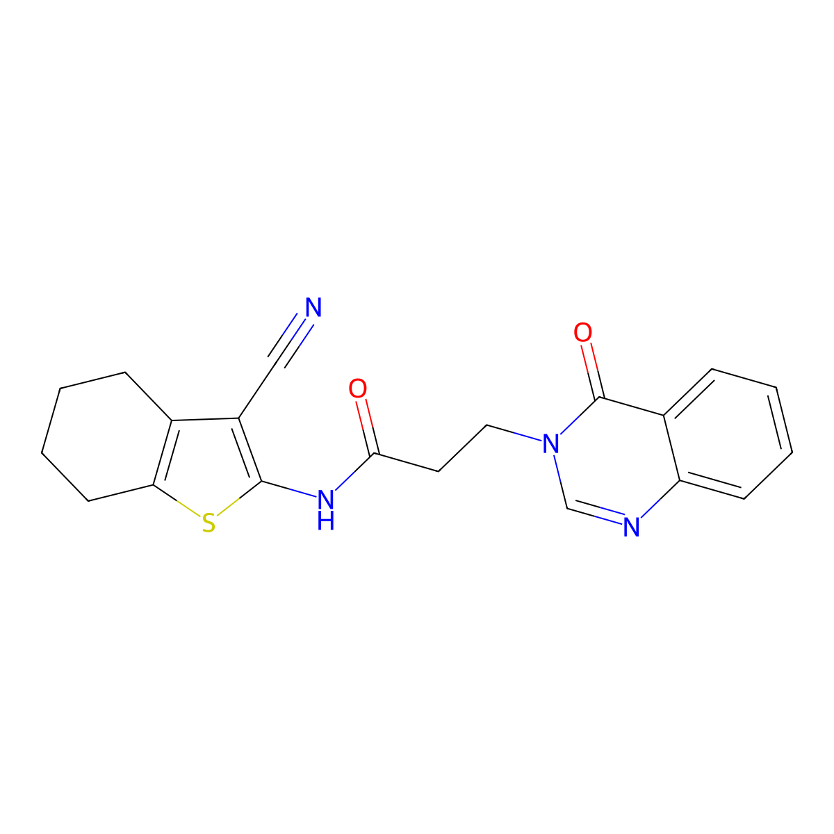 N-(3-cyano-4,5,6,7-tetrahydro-1-benzothiophen-2-yl)-3-(4-oxoquinazolin-3-yl)propanamide molecular structure, CAS 663168-17-0