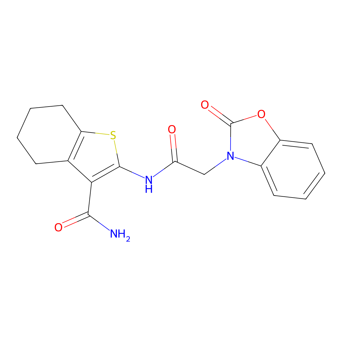 2-{[(2-oxo-1,3-benzoxazol-3(2H)-yl)acetyl]amino}-4,5,6,7-tetrahydro-1-benzothiophene-3-carboxamide molecular structure, CAS 663168-56-7