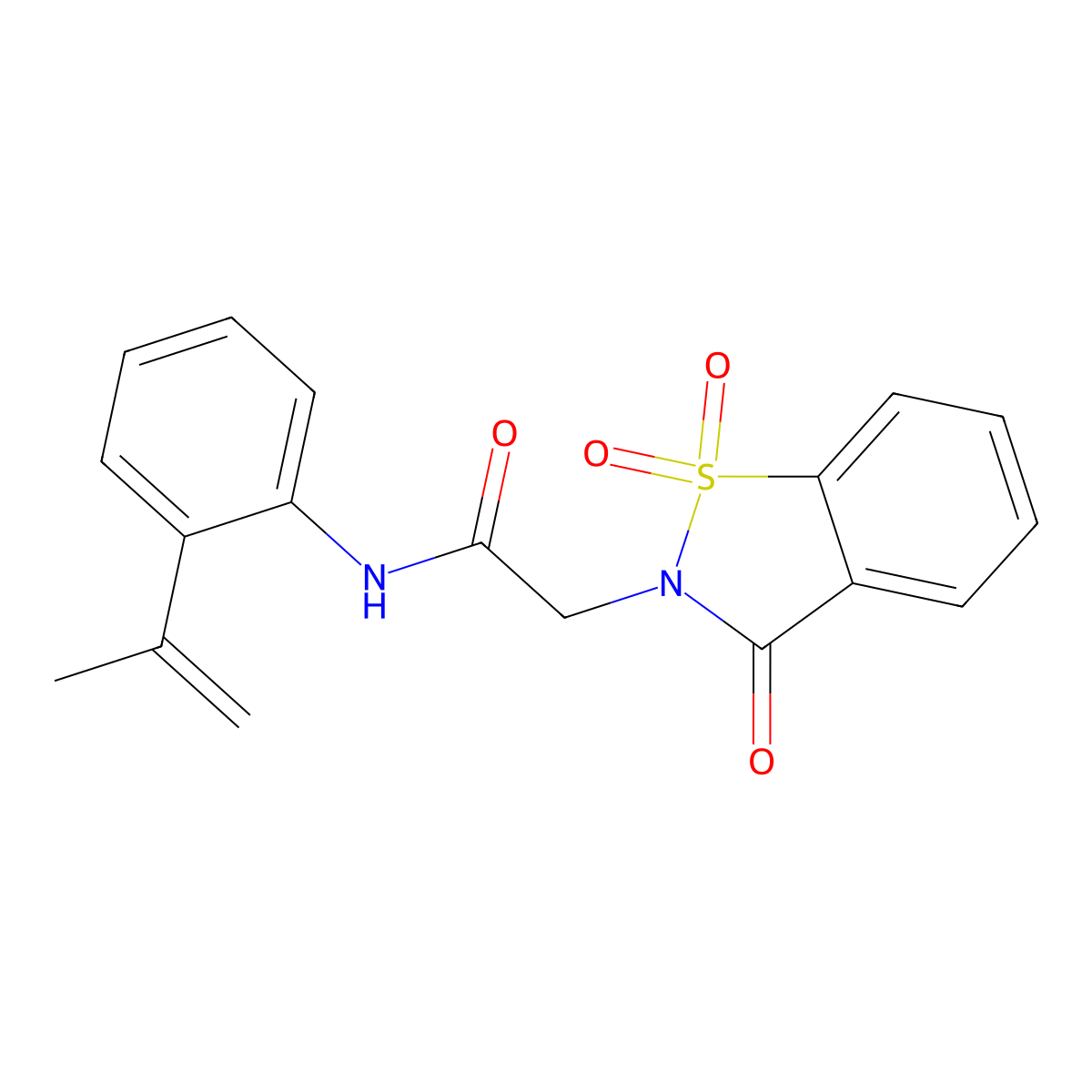 2-(1,1-dioxido-3-oxo-1,2-benzisothiazol-2(3H)-yl)-N-(2-isopropenylphenyl)acetamide molecular structure, CAS 663168-68-1