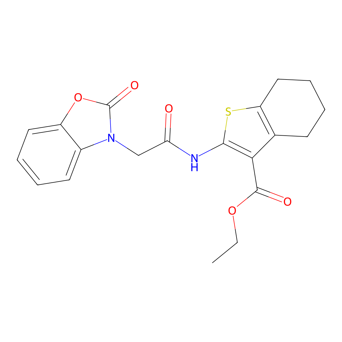 ethyl 2-{[(2-oxo-1,3-benzoxazol-3(2H)-yl)acetyl]amino}-4,5,6,7-tetrahydro-1-benzothiophene-3-carboxylate molecular structure, CAS 663168-80-7