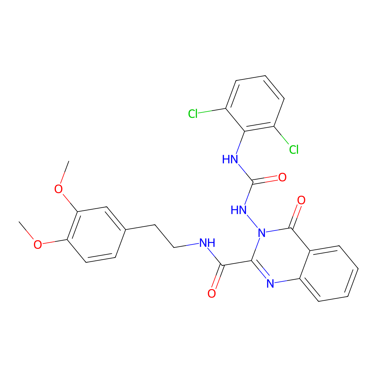 3-(3-(2,6-Dichlorophenyl)ureido)-N-(3,4-dimethoxyphenethyl)-4-oxo-3,4-dihydroquinazoline-2-carboxamide molecular structure, CAS 663179-70-2