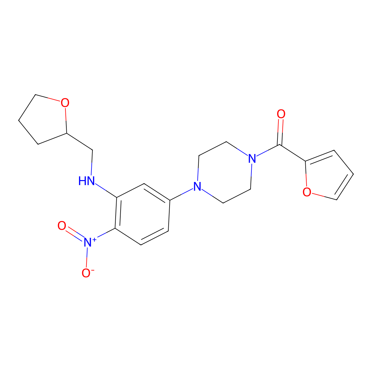 Furan-2-yl-[4-[4-nitro-3-(oxolan-2-ylmethylamino)phenyl]piperazin-1-yl]methanone molecular structure, CAS 663182-16-9