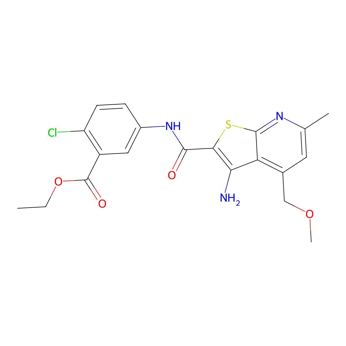 Ethyl 5-({[3-amino-4-(methoxymethyl)-6-methylthieno[2,3-b]pyridin-2-yl]carbonyl}amino)-2-chlorobenzoate molecular structure, CAS 663182-70-5