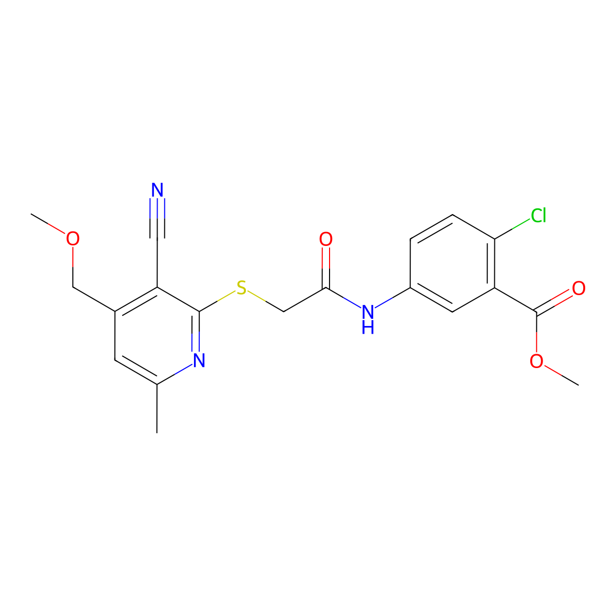 Methyl 2-chloro-5-[({[3-cyano-4-(methoxymethyl)-6-methylpyridin-2-yl]sulfanyl}acetyl)amino]benzoate molecular structure, CAS 663182-72-7