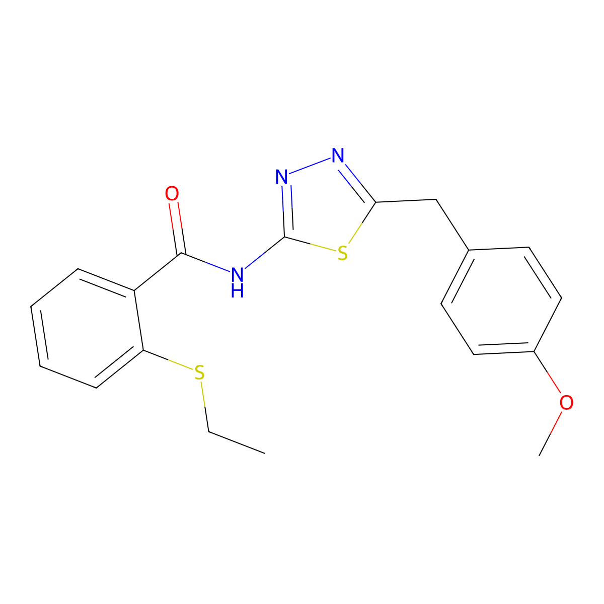 2-ethylsulfanyl-N-[5-[(4-methoxyphenyl)methyl]-1,3,4-thiadiazol-2-yl]benzamide molecular structure, CAS 663188-28-1