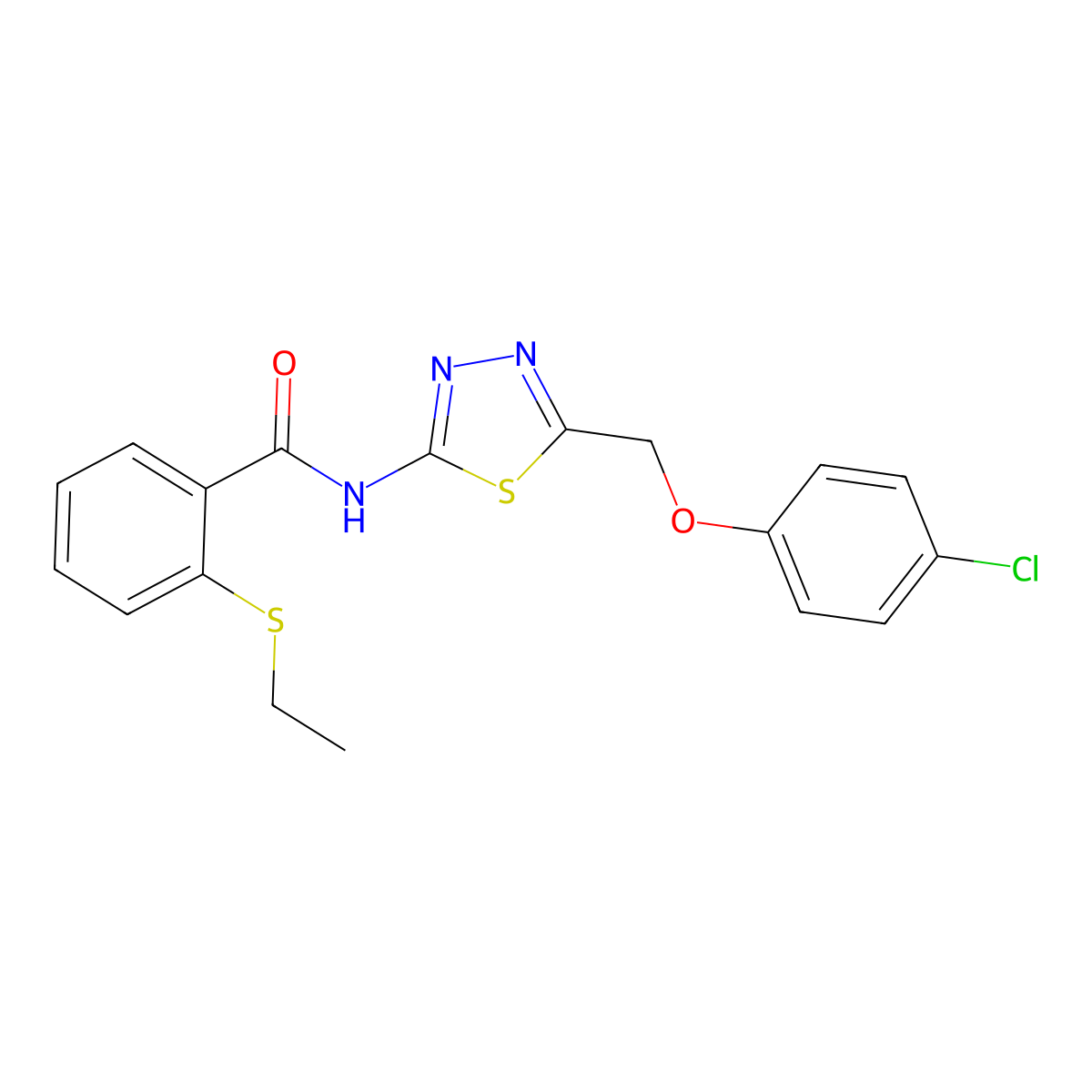 N-[5-[(4-chlorophenoxy)methyl]-1,3,4-thiadiazol-2-yl]-2-ethylsulfanylbenzamide molecular structure, CAS 663188-48-5
