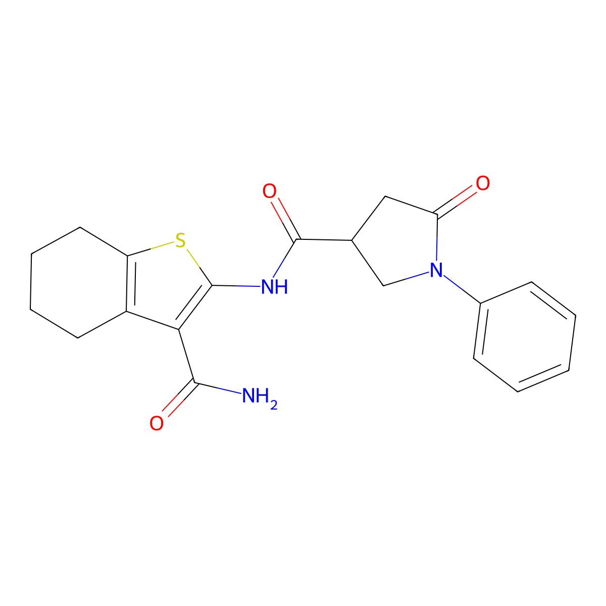 N-(3-carbamoyl-4,5,6,7-tetrahydro-1-benzothiophen-2-yl)-5-oxo-1-phenylpyrrolidine-3-carboxamide molecular structure, CAS 663200-38-2