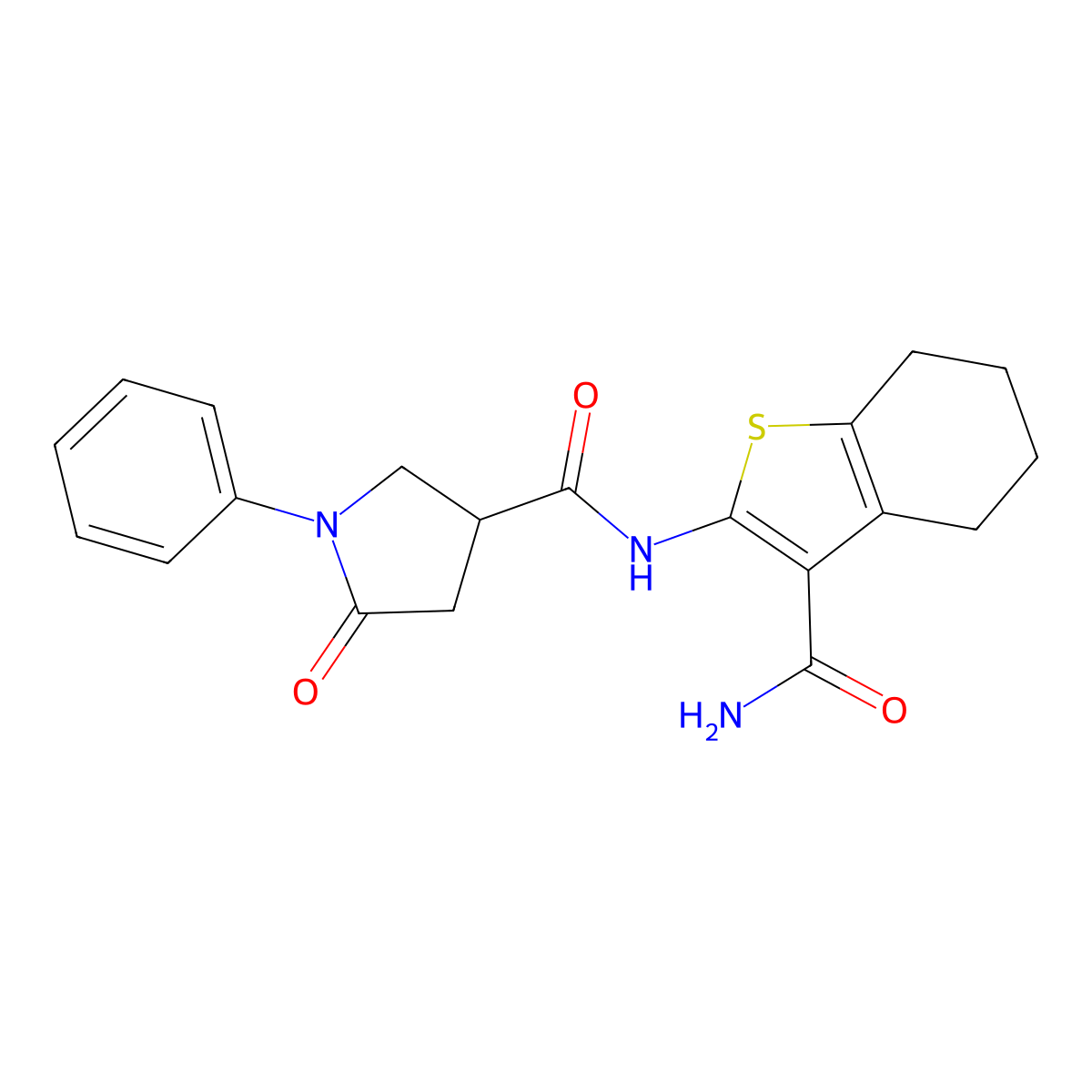 N-(3-carbamoyl-4,5,6,7-tetrahydro-1-benzothiophen-2-yl)-5-oxo-1-phenylpyrrolidine-3-carboxamide molecular structure, CAS 663200-38-2