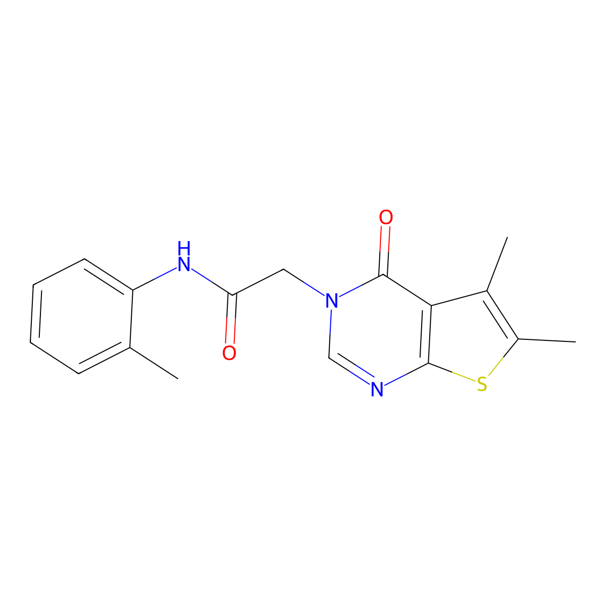 2-(5,6-dimethyl-4-oxothieno[2,3-d]pyrimidin-3-yl)-N-(2-methylphenyl)acetamide molecular structure, CAS 663200-53-1