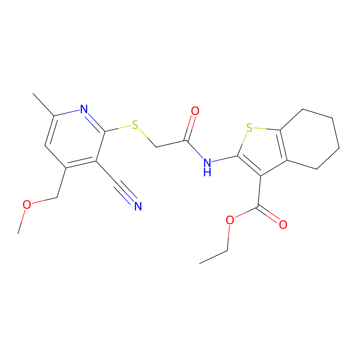 Ethyl 2-[({[3-cyano-4-(methoxymethyl)-6-methylpyridin-2-yl]sulfanyl}acetyl)amino]-4,5,6,7-tetrahydro-1-benzothiophene-3-carboxylate molecular structure, CAS 663201-03-4
