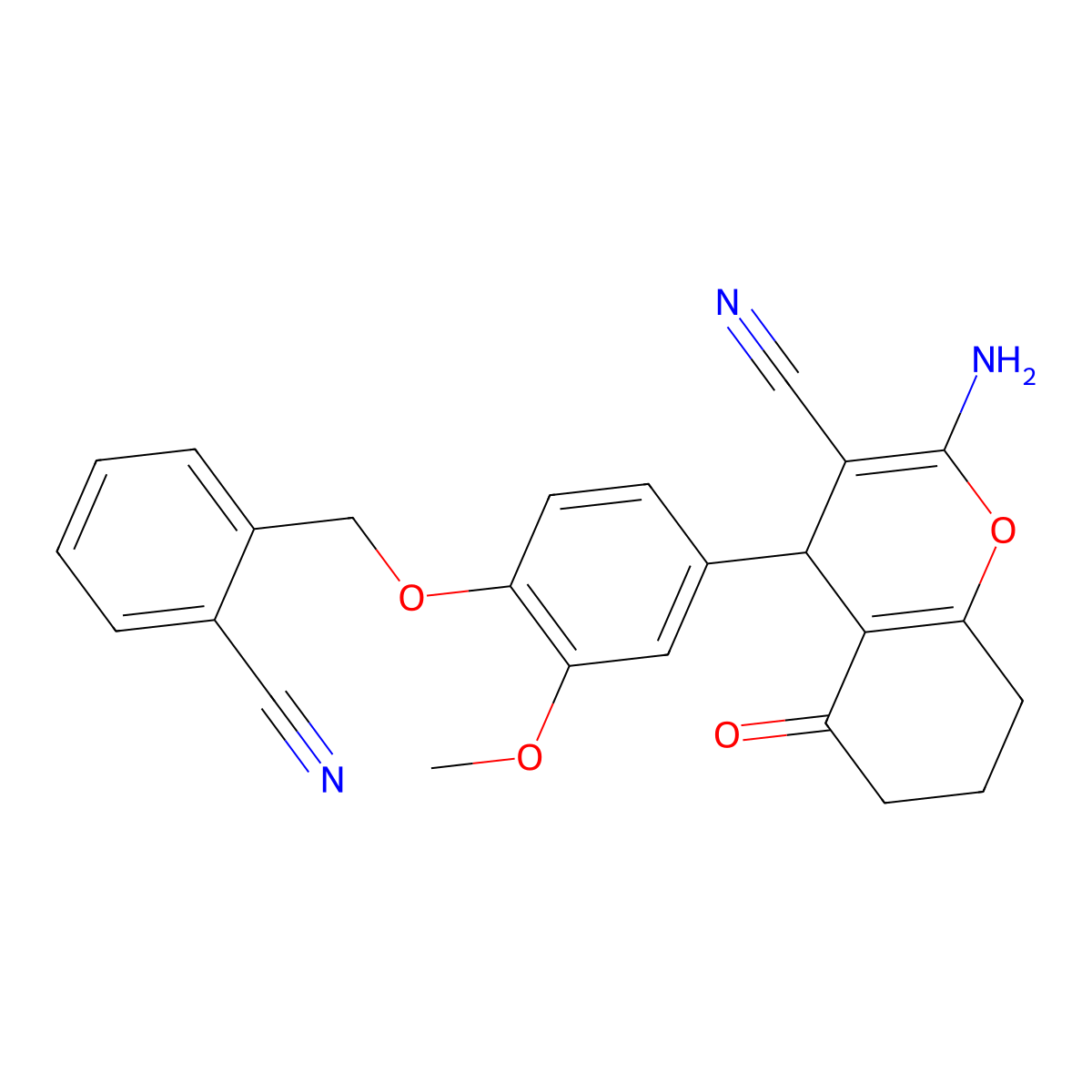 2-Amino-4-[4-[(2-cyanophenyl)methoxy]-3-methoxyphenyl]-5-oxo-4,6,7,8-tetrahydrochromene-3-carbonitrile molecular structure, CAS 663203-37-0