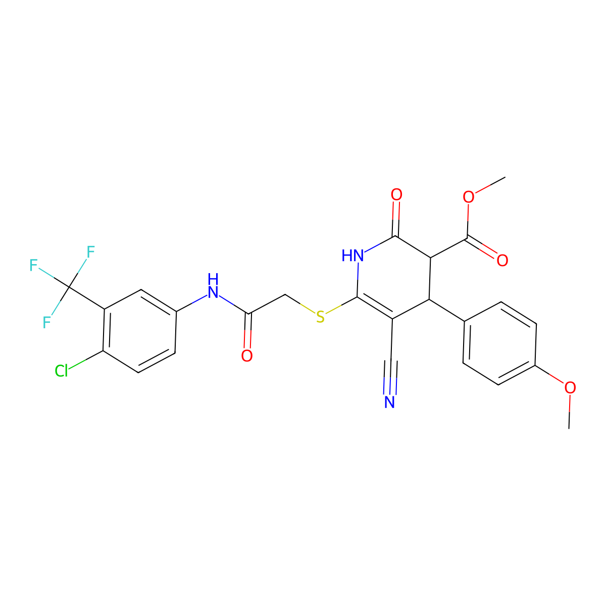 methyl 6-[2-[4-chloro-3-(trifluoromethyl)anilino]-2-oxoethyl]sulfanyl-5-cyano-4-(4-methoxyphenyl)-2-oxo-3,4-dihydro-1H-pyridine-3-carboxylate molecular structure, CAS 663203-72-3