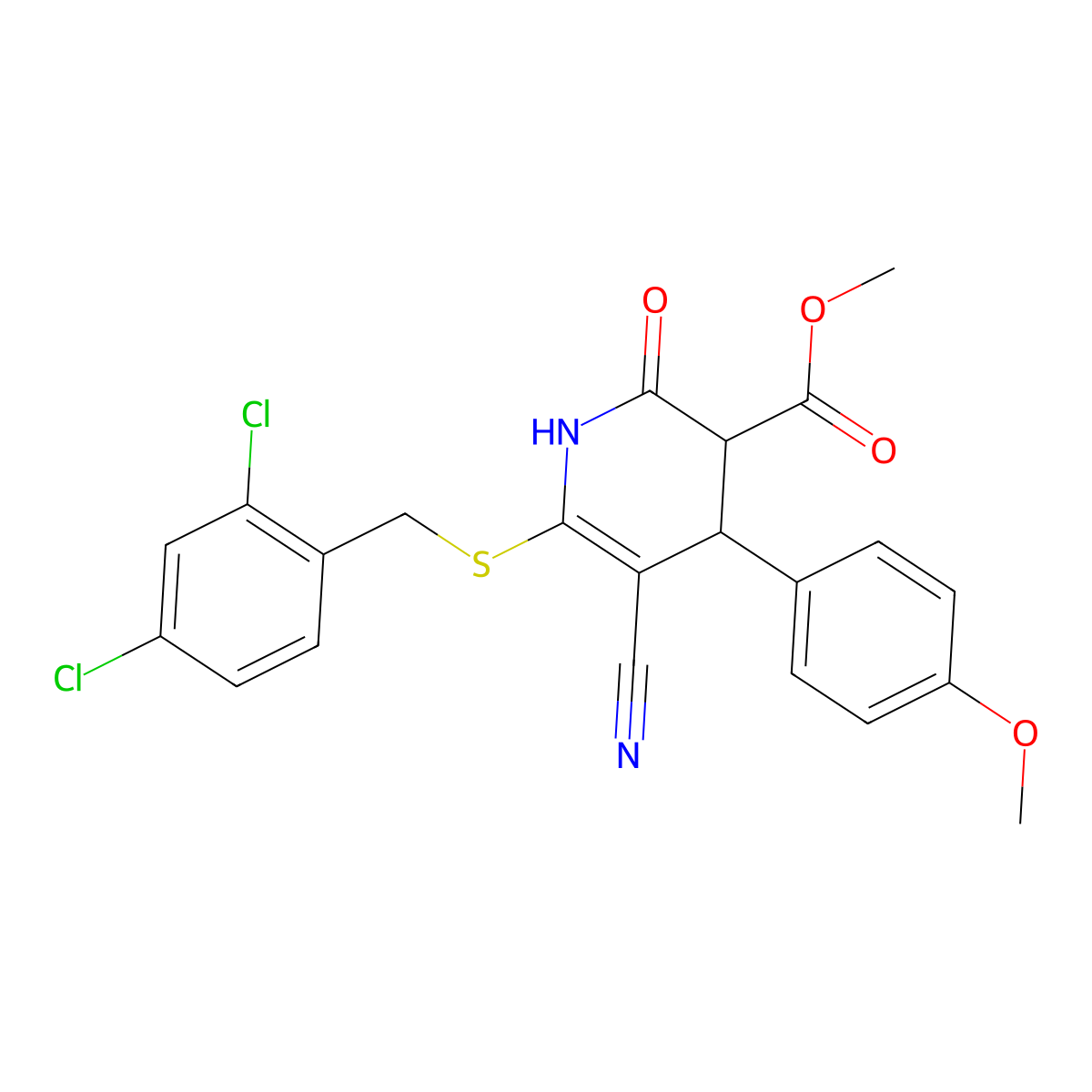 methyl 5-cyano-6-[(2,4-dichlorophenyl)methylsulfanyl]-4-(4-methoxyphenyl)-2-oxo-3,4-dihydro-1H-pyridine-3-carboxylate molecular structure, CAS 663203-73-4