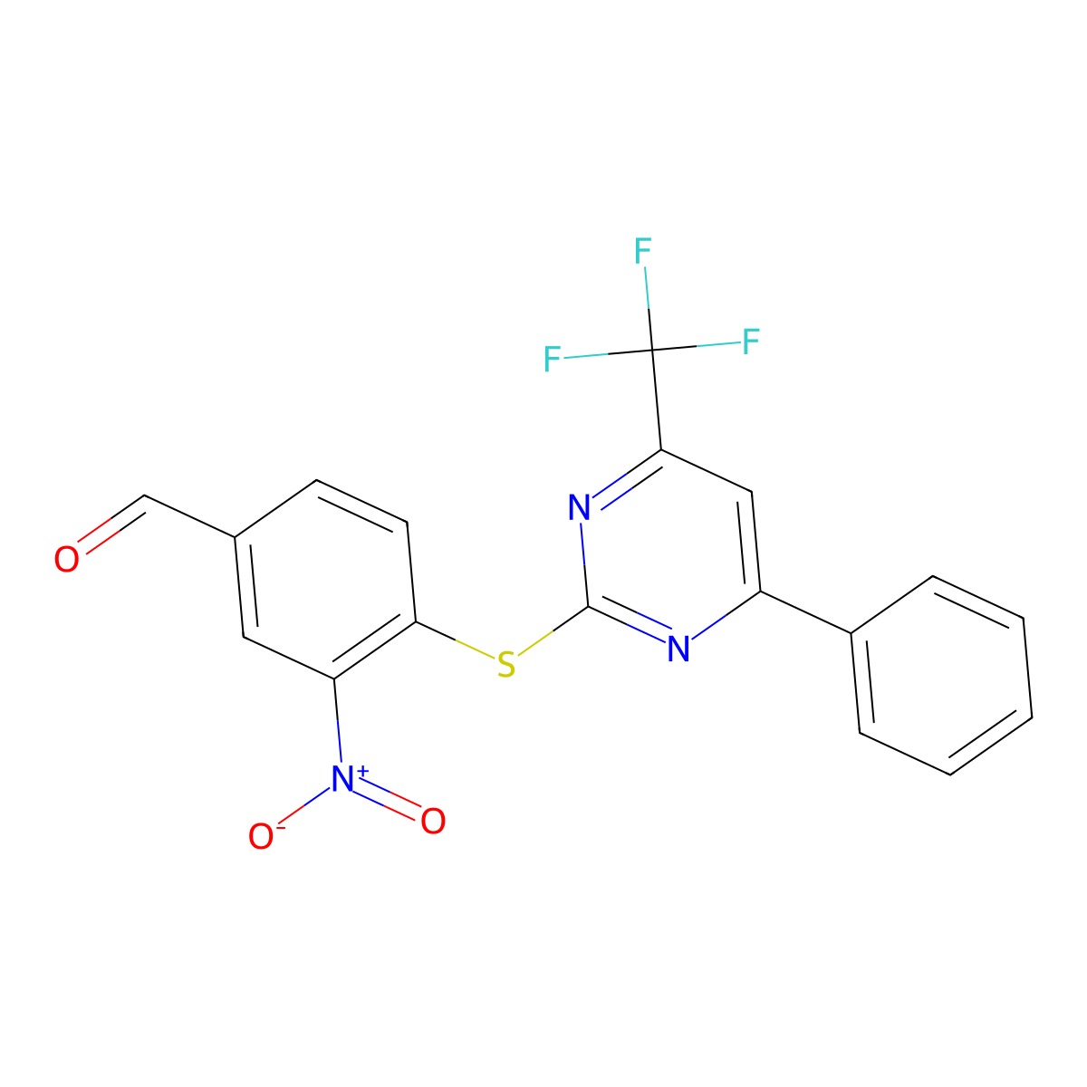3-Nitro-4-[4-phenyl-6-(trifluoromethyl)pyrimidin-2-yl]sulfanylbenzaldehyde molecular structure, CAS 663206-28-8