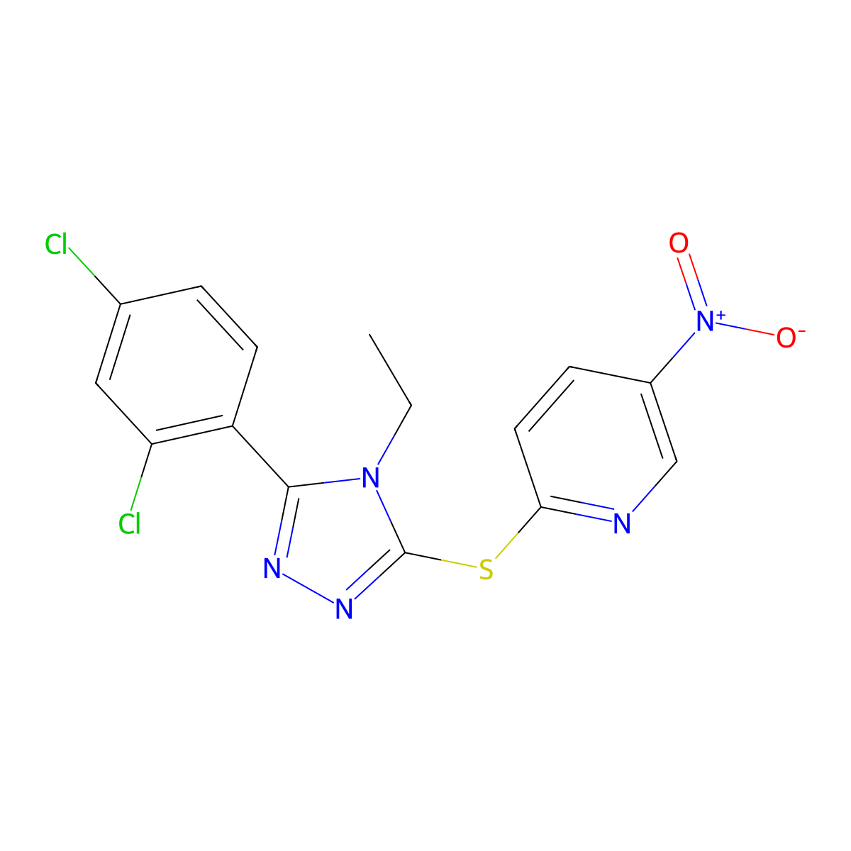 2-[[5-(2,4-Dichlorophenyl)-4-ethyl-1,2,4-triazol-3-yl]sulfanyl]-5-nitropyridine molecular structure, CAS 663211-44-7