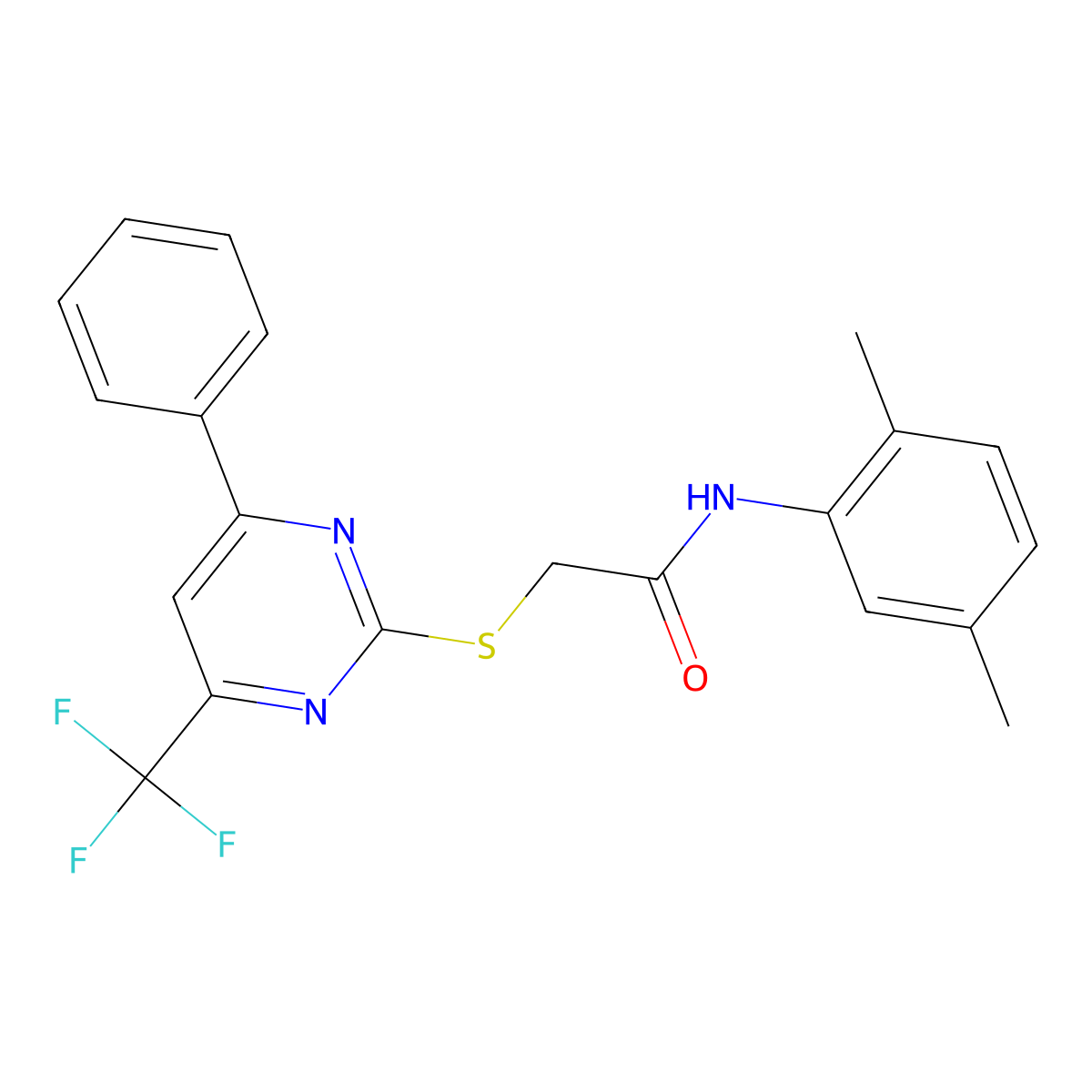 N-(2,5-dimethylphenyl)-2-[4-phenyl-6-(trifluoromethyl)pyrimidin-2-yl]sulfanylacetamide molecular structure, CAS 663211-58-3