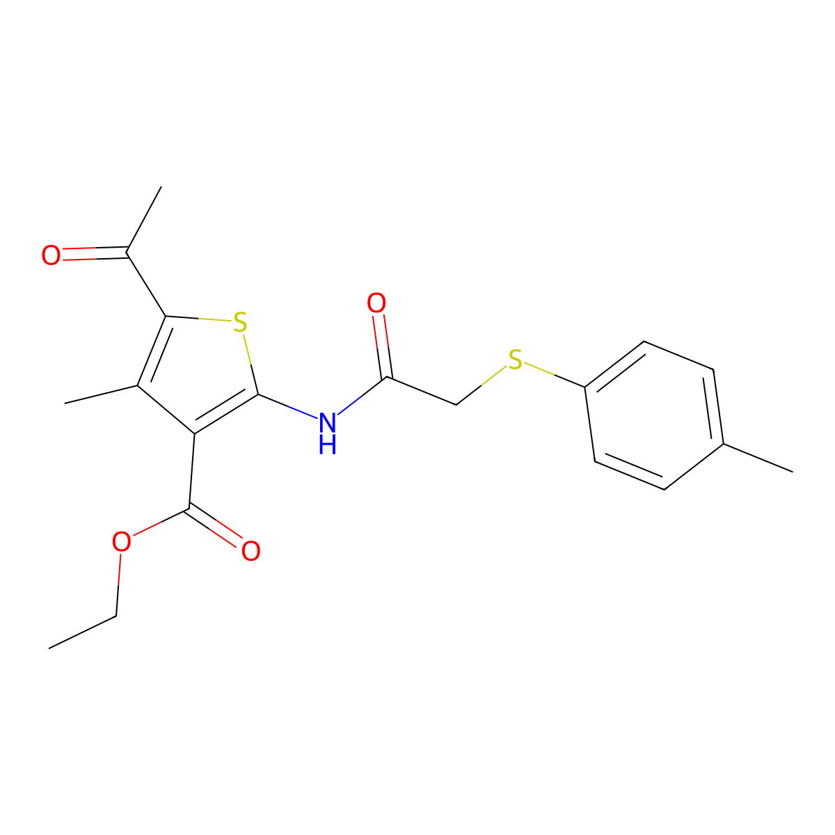 Ethyl 5-acetyl-4-methyl-2-({[(4-methylphenyl)sulfanyl]acetyl}amino)thiophene-3-carboxylate molecular structure, CAS 663211-72-1