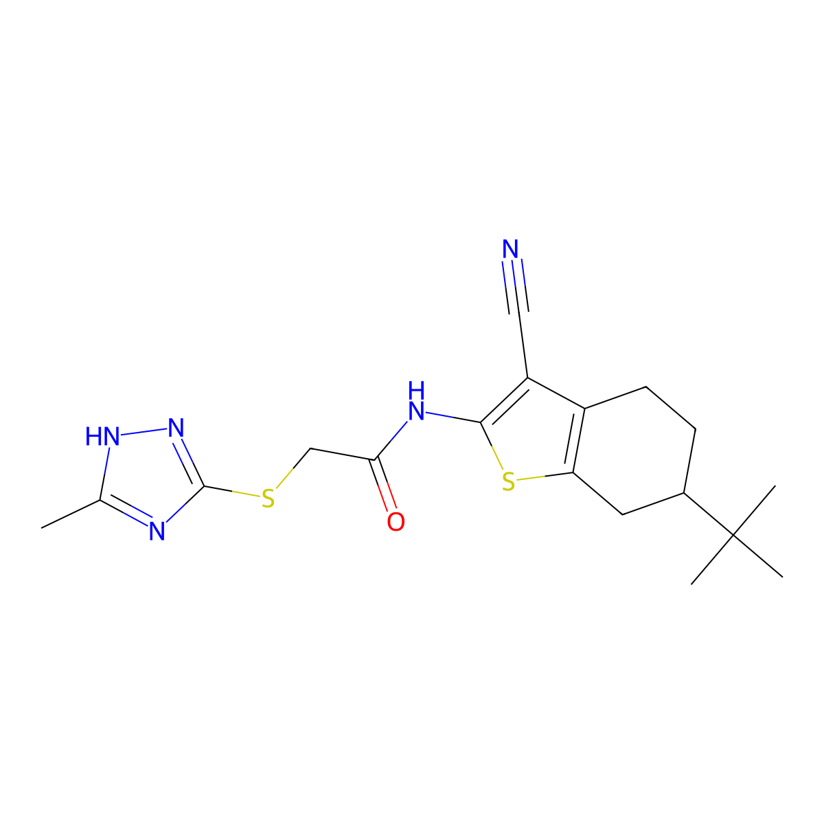 N-(6-tert-butyl-3-cyano-4,5,6,7-tetrahydro-1-benzothiophen-2-yl)-2-[(5-methyl-1H-1,2,4-triazol-3-yl)sulfanyl]acetamide molecular structure, CAS 663212-28-0