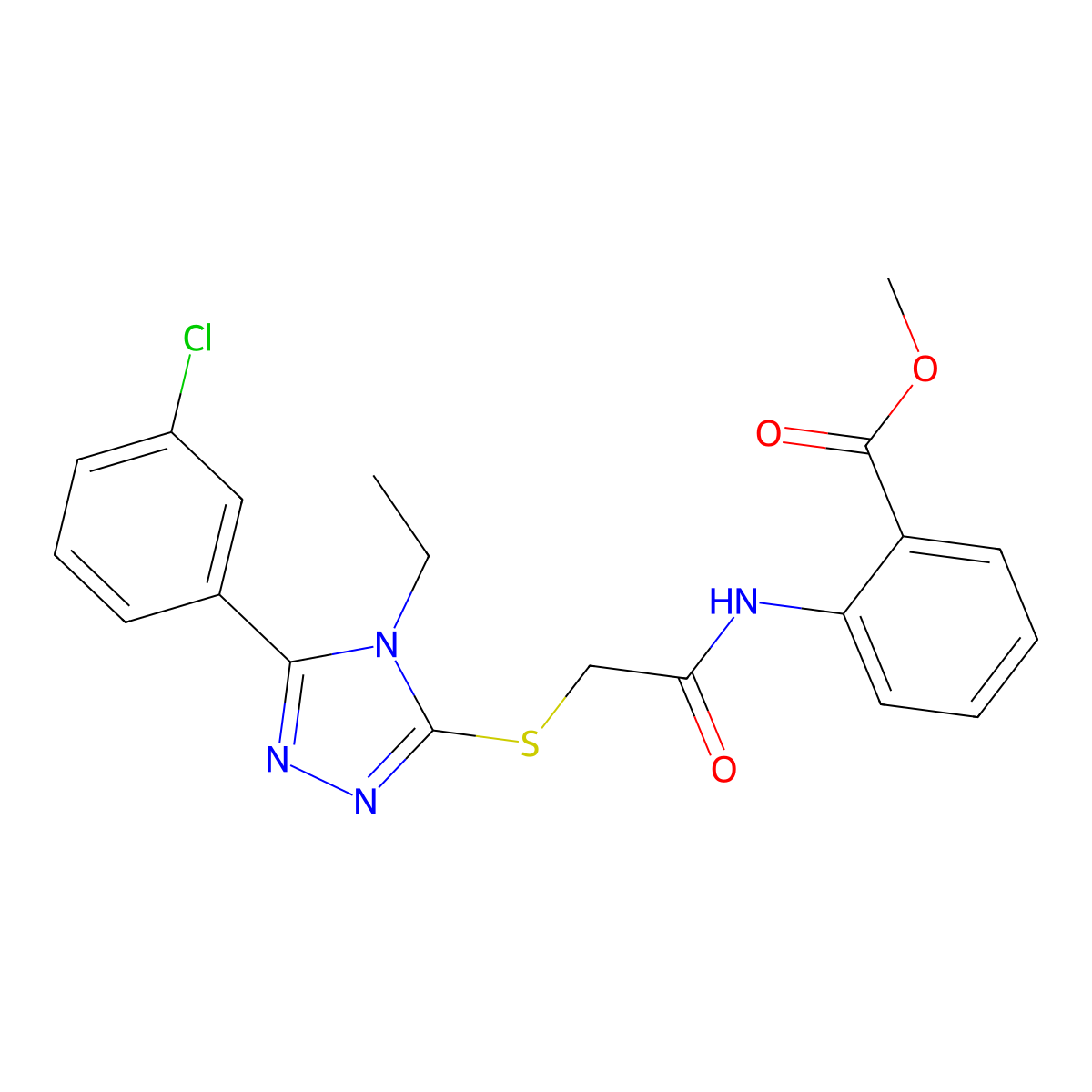 methyl 2-[({[5-(3-chlorophenyl)-4-ethyl-4H-1,2,4-triazol-3-yl]sulfanyl}acetyl)amino]benzoate molecular structure, CAS 663212-48-4