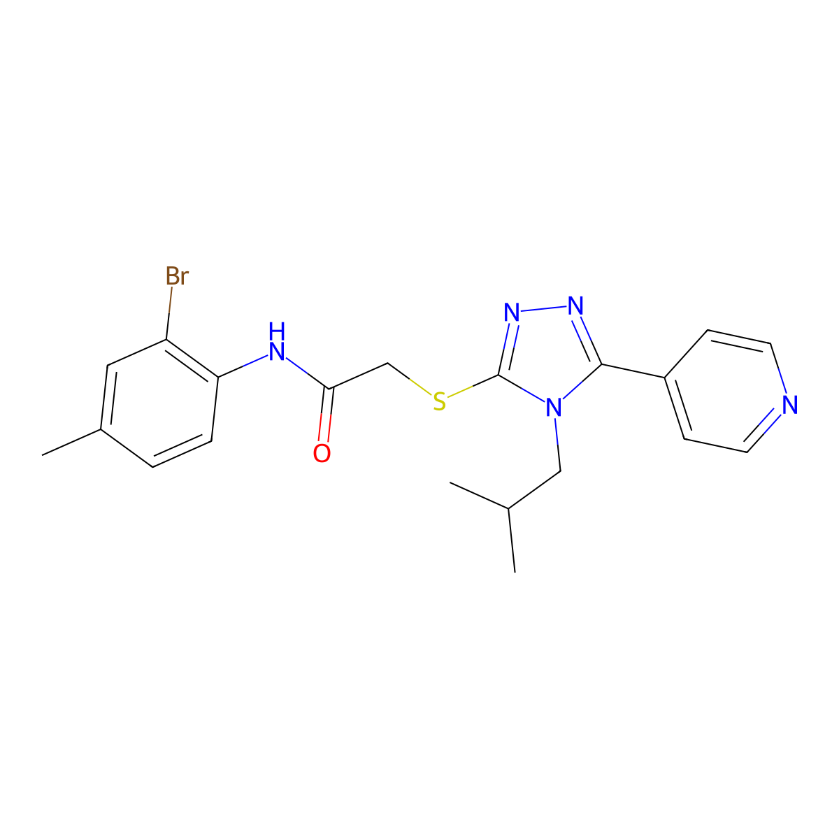 N-(2-bromo-4-methylphenyl)-2-[[4-(2-methylpropyl)-5-pyridin-4-yl-1,2,4-triazol-3-yl]sulfanyl]acetamide molecular structure, CAS 663213-55-6