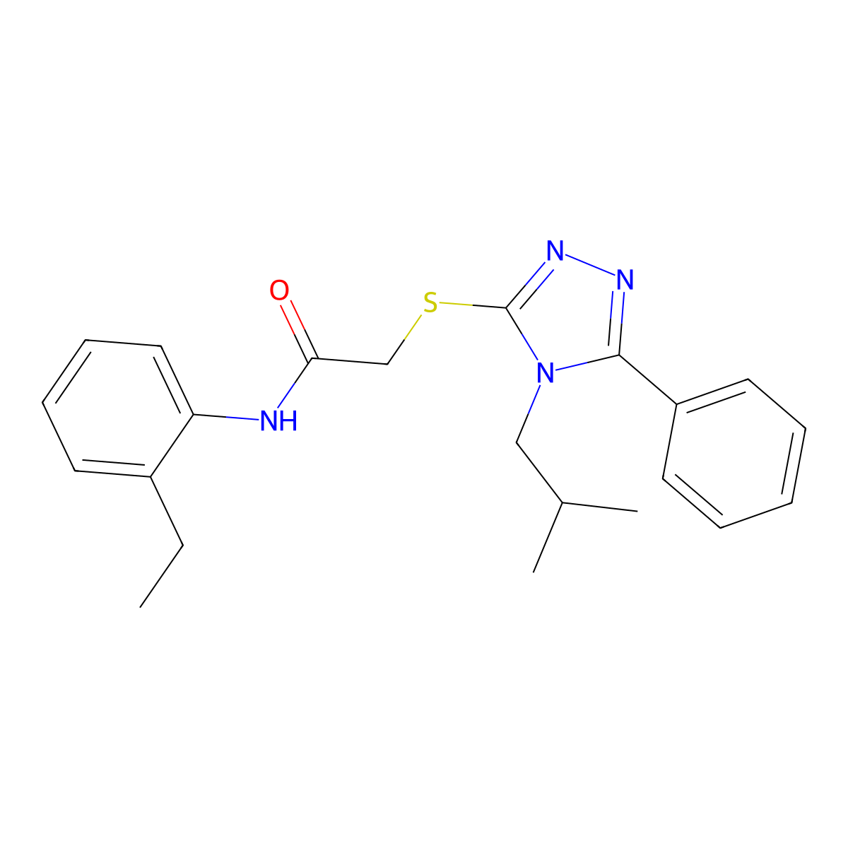 N-(2-ethylphenyl)-2-[[4-(2-methylpropyl)-5-phenyl-1,2,4-triazol-3-yl]sulfanyl]acetamide molecular structure, CAS 663214-06-0