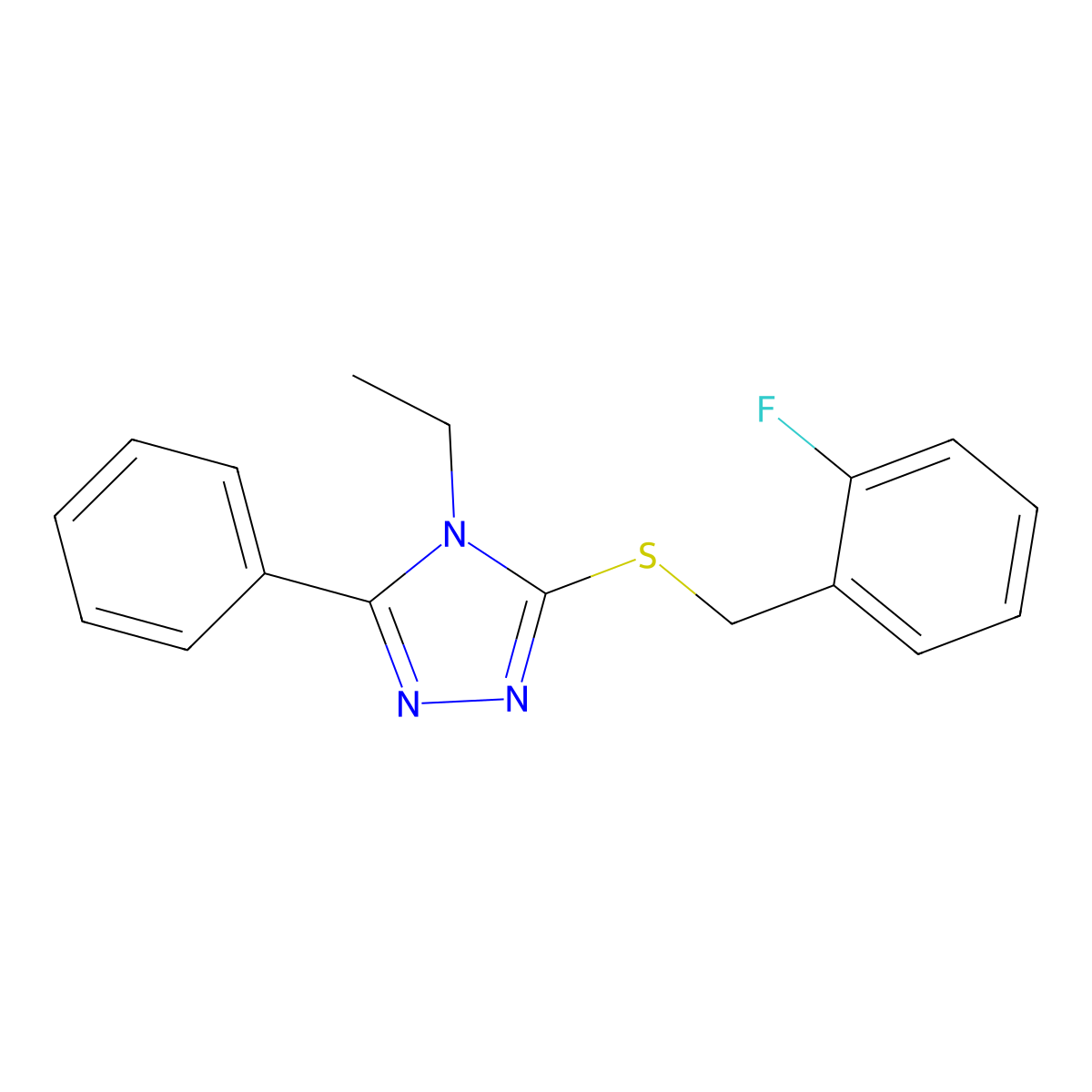 4-Ethyl-3-[(2-fluorophenyl)methylsulfanyl]-5-phenyl-1,2,4-triazole molecular structure, CAS 663214-10-6