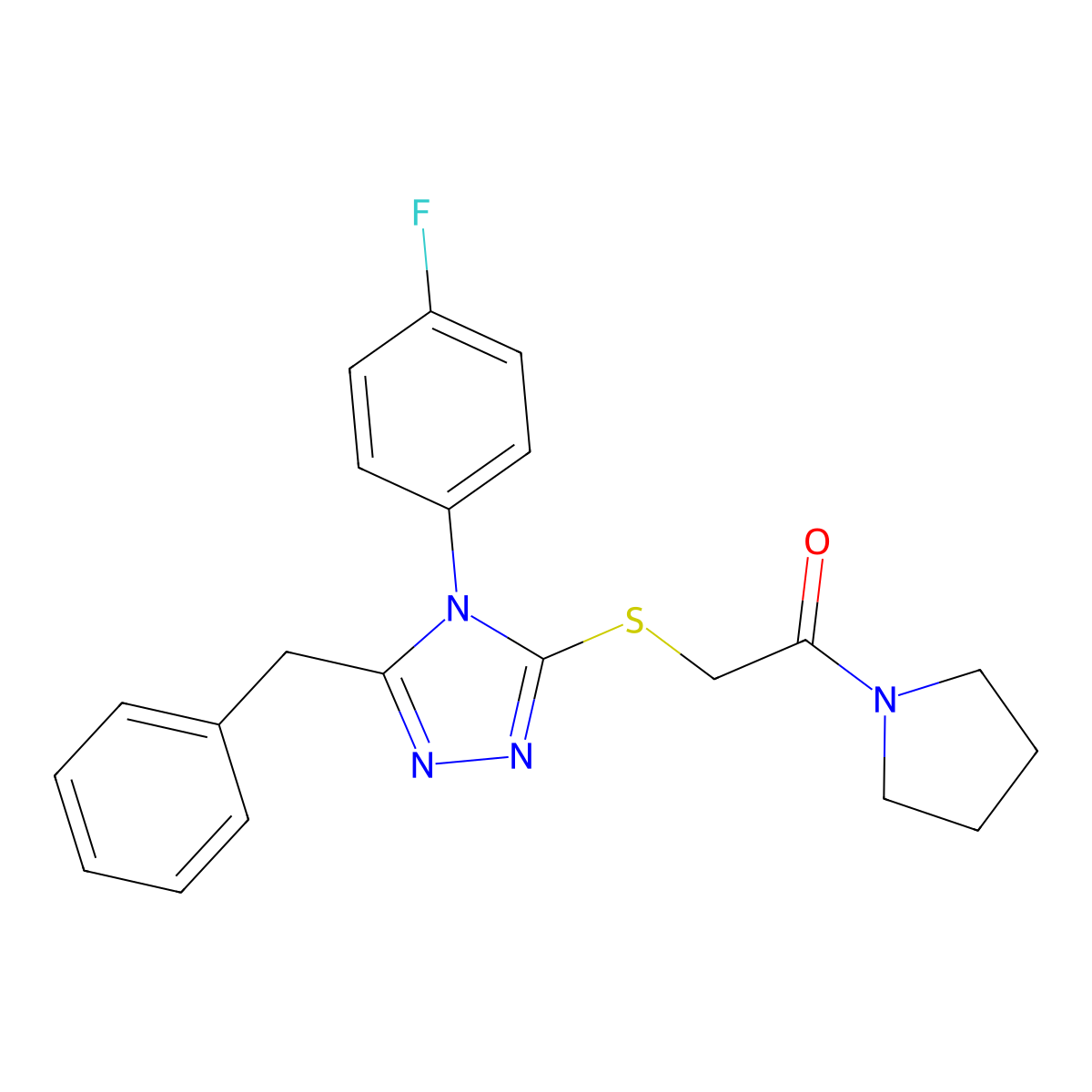 2-[[5-Benzyl-4-(4-fluorophenyl)-1,2,4-triazol-3-yl]sulfanyl]-1-pyrrolidin-1-ylethanone molecular structure, CAS 663214-87-7