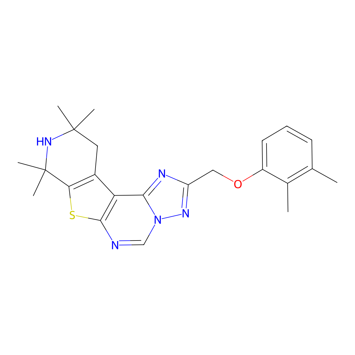 2-((2,3-Dimethylphenoxy)methyl)-8,8,10,10-tetramethyl-8,9,10,11-tetrahydropyrido[4',3':4,5]thieno[3,2-e][1,2,4]triazolo[1,5-c]pyrimidine molecular structure, CAS 663217-52-5