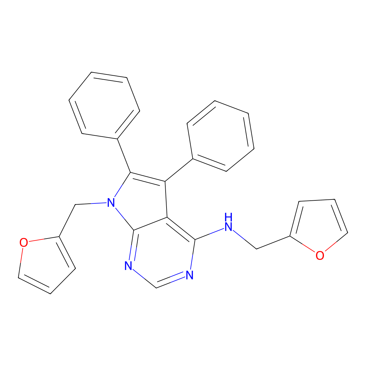N,7-bis(furan-2-ylmethyl)-5,6-diphenylpyrrolo[2,3-d]pyrimidin-4-amine molecular structure, CAS 663217-55-8