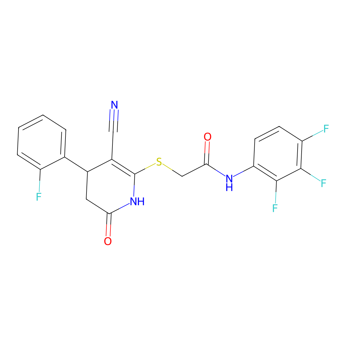 2-[[5-cyano-4-(2-fluorophenyl)-2-oxo-3,4-dihydro-1H-pyridin-6-yl]sulfanyl]-N-(2,3,4-trifluorophenyl)acetamide molecular structure, CAS 663217-77-4