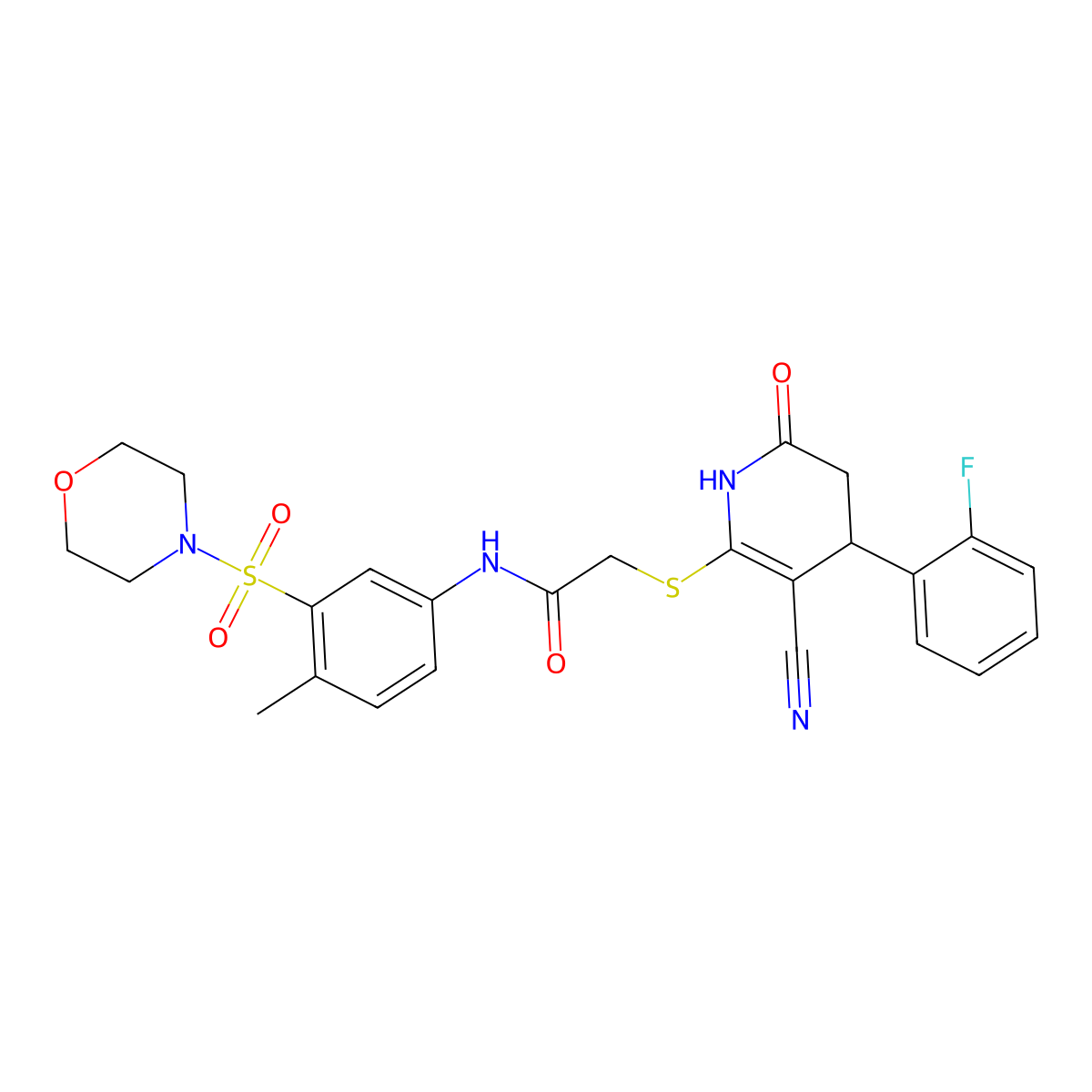 2-[[5-cyano-4-(2-fluorophenyl)-2-oxo-3,4-dihydro-1H-pyridin-6-yl]sulfanyl]-N-(4-methyl-3-morpholin-4-ylsulfonylphenyl)acetamide molecular structure, CAS 663217-78-5