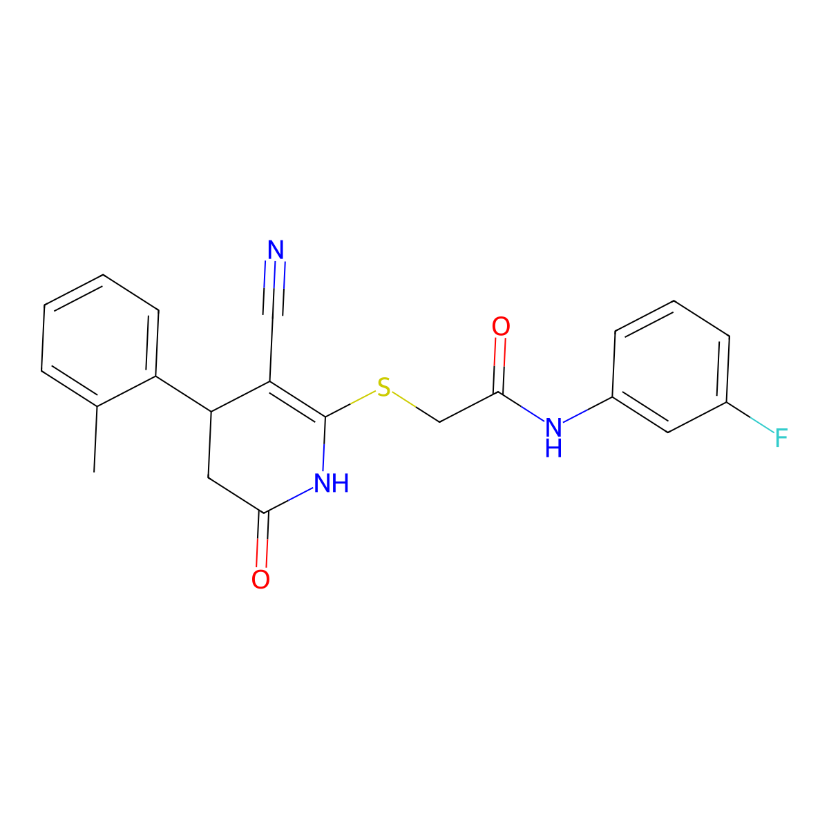 2-[[5-cyano-4-(2-methylphenyl)-2-oxo-3,4-dihydro-1H-pyridin-6-yl]sulfanyl]-N-(3-fluorophenyl)acetamide molecular structure, CAS 663217-79-6