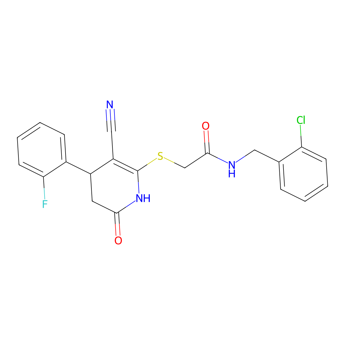 N-[(2-chlorophenyl)methyl]-2-[[5-cyano-4-(2-fluorophenyl)-2-oxo-3,4-dihydro-1H-pyridin-6-yl]sulfanyl]acetamide molecular structure, CAS 663217-88-7