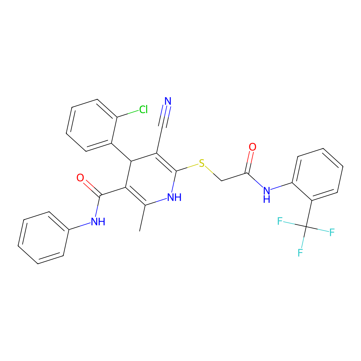 4-(2-chlorophenyl)-5-cyano-2-methyl-6-[2-oxo-2-[2-(trifluoromethyl)anilino]ethyl]sulfanyl-N-phenyl-1,4-dihydropyridine-3-carboxamide molecular structure, CAS 663217-94-5