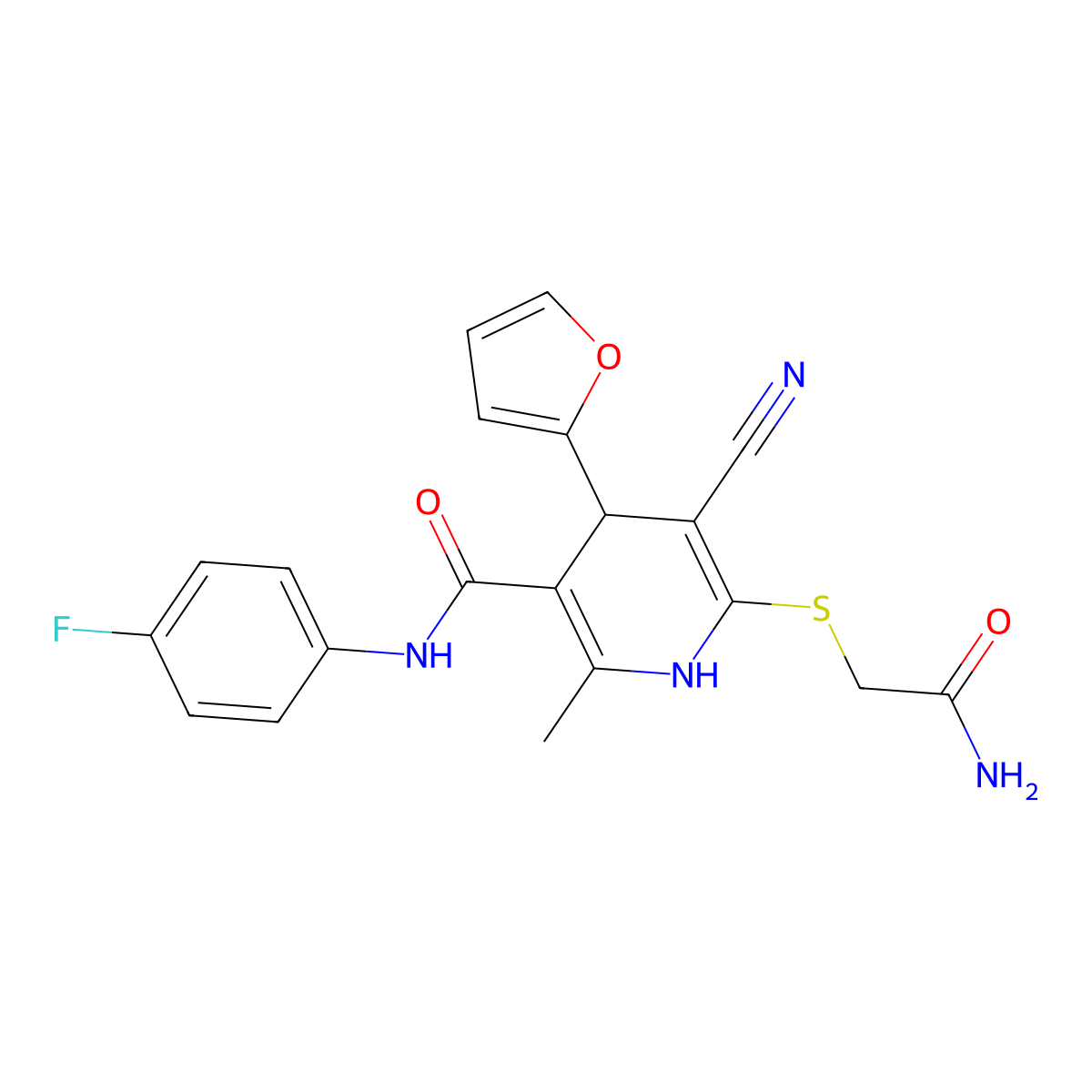 6-(2-amino-2-oxoethyl)sulfanyl-5-cyano-N-(4-fluorophenyl)-4-(furan-2-yl)-2-methyl-1,4-dihydropyridine-3-carboxamide molecular structure, CAS 663217-95-6